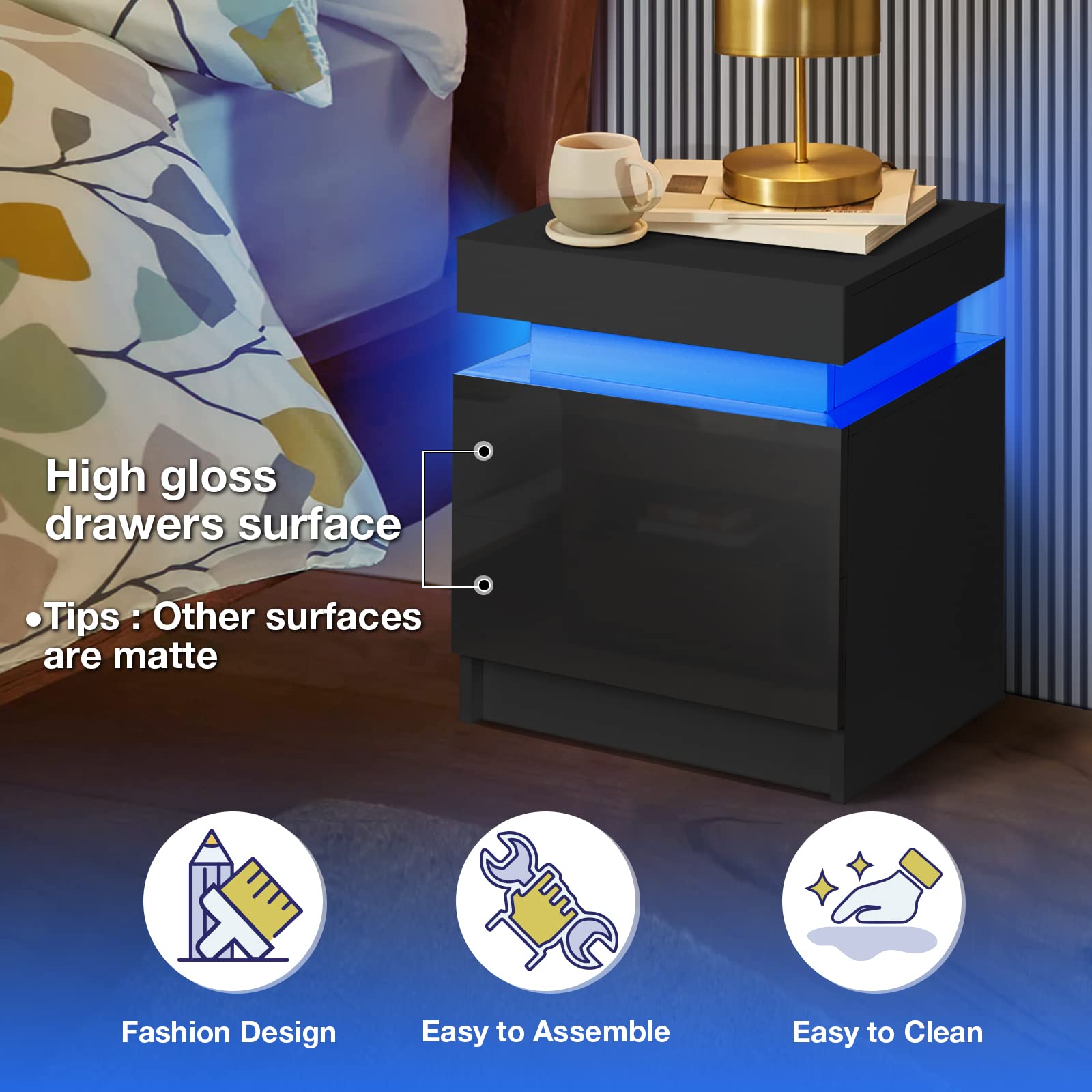 Modern LED Nightstand with 2 Drawers - Smart Bedside Table for Bedroom - Night Light & Storage Solution