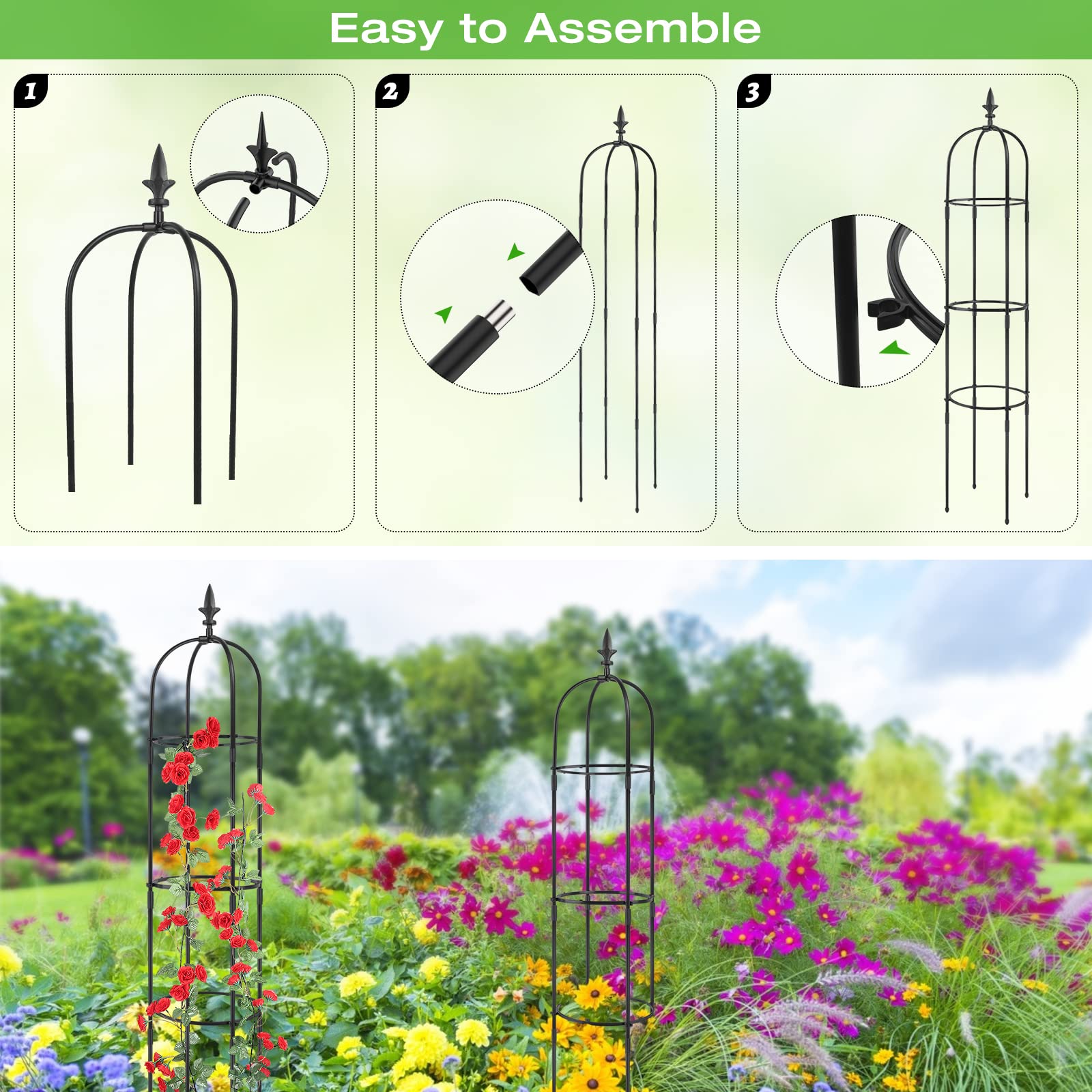 2 Pack Rustproof Plastic Coated Metal Garden Trellis for Climbing Plants - Outdoor Plant Support Obelisk, Indoor Potted Plant Stake, Tomato Cage for Roses & Vegetable Vines | Perfect for Gardens, Patios, and Balconies