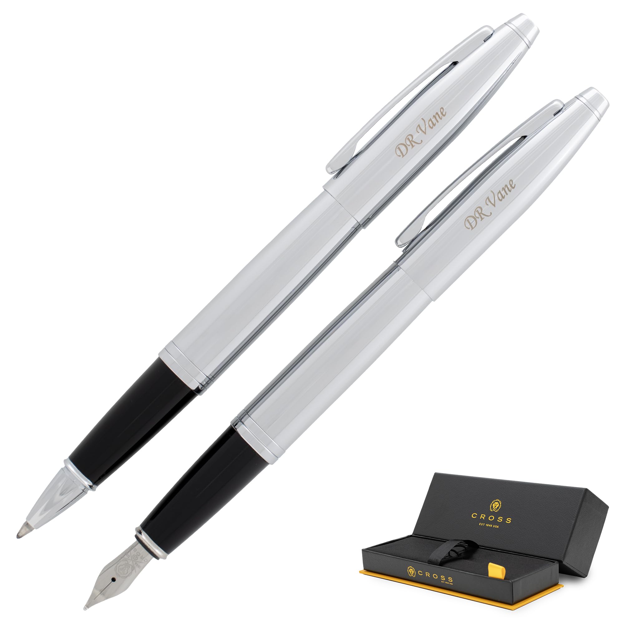 Premium Cross Pen Set - Engraved Cross Calais Rollerball & Fountain Pen Gift Set in Chrome | Personalized Engraving, Starter Ink, Gift Box Included | Perfect for Graduation, Corporate Gifts & Special Occasions