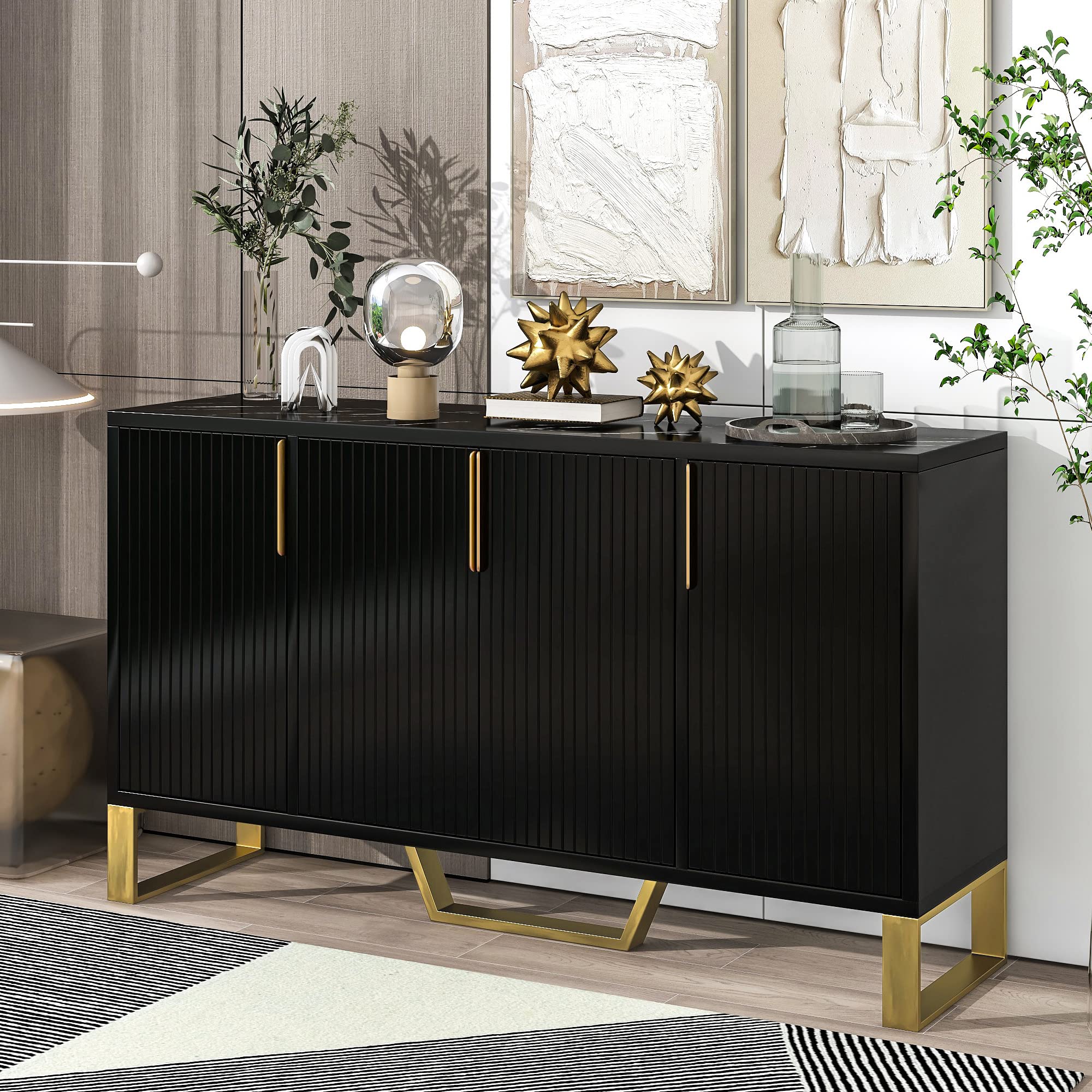 Modern 4-Door Sideboard Buffet Cabinet with Adjustable Shelves - Solid Wood Kitchen Storage Credenza for Dining Room & Kitchen Organization - Perfect for Entertaining, Storing Dishes, and Displaying Decor