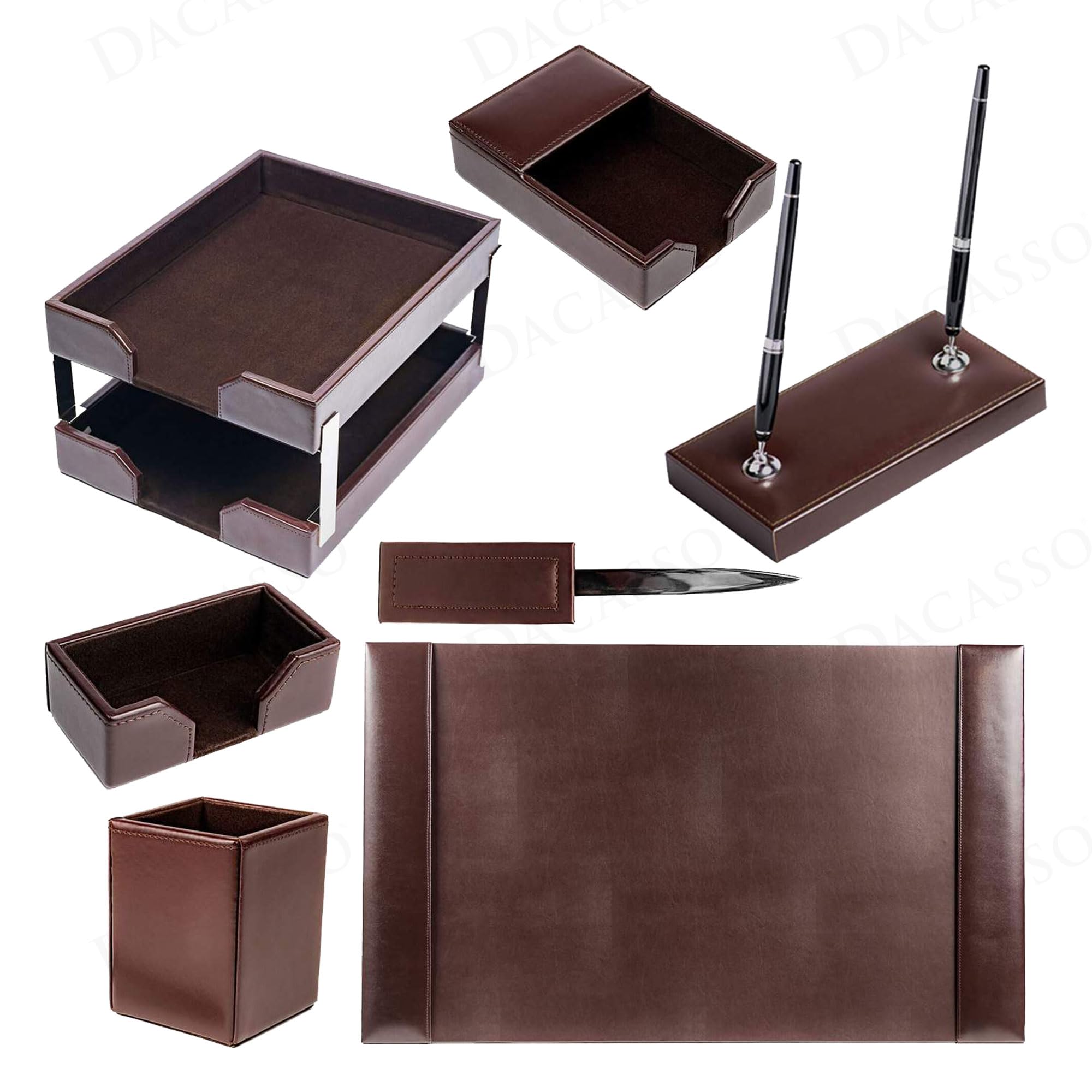 Premium Dark Brown Bonded Leather 9-Piece Executive Desk Set - Luxury Office Organizer with Blotter Pad & Surface Protector - Perfect for Home Office, Corporate Gifts & Professional Workspace Decor