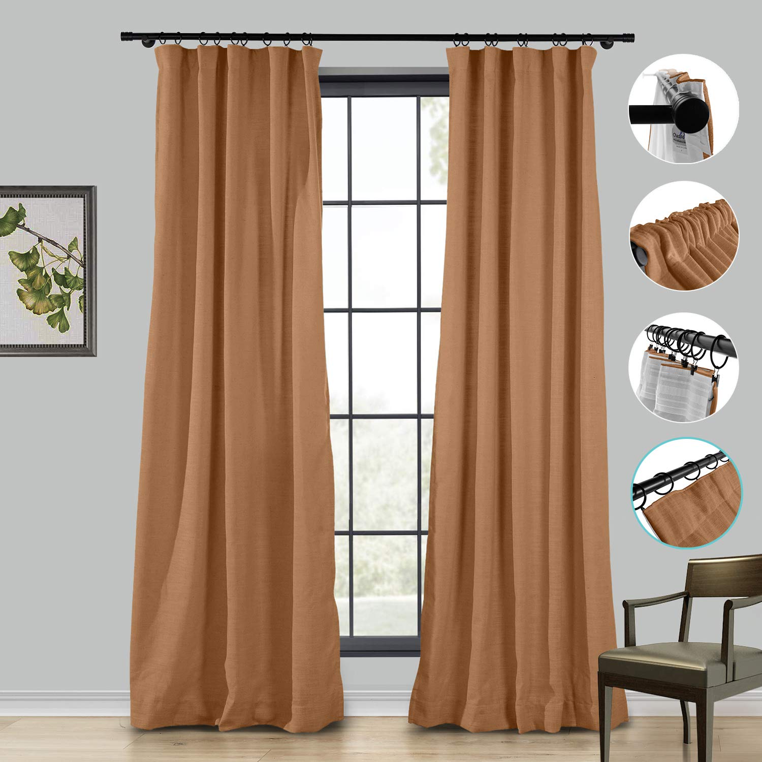 Extra Wide Linen Curtains 100Wx84L Inch - Room Darkening Drapery Panel with 4-in-1 Header (Rod Pocket, Back Tab, Hooks & Belt) - Orange Copper - Perfect for Living Room, Bedroom & Home Theater Blackout Needs (1 Panel)