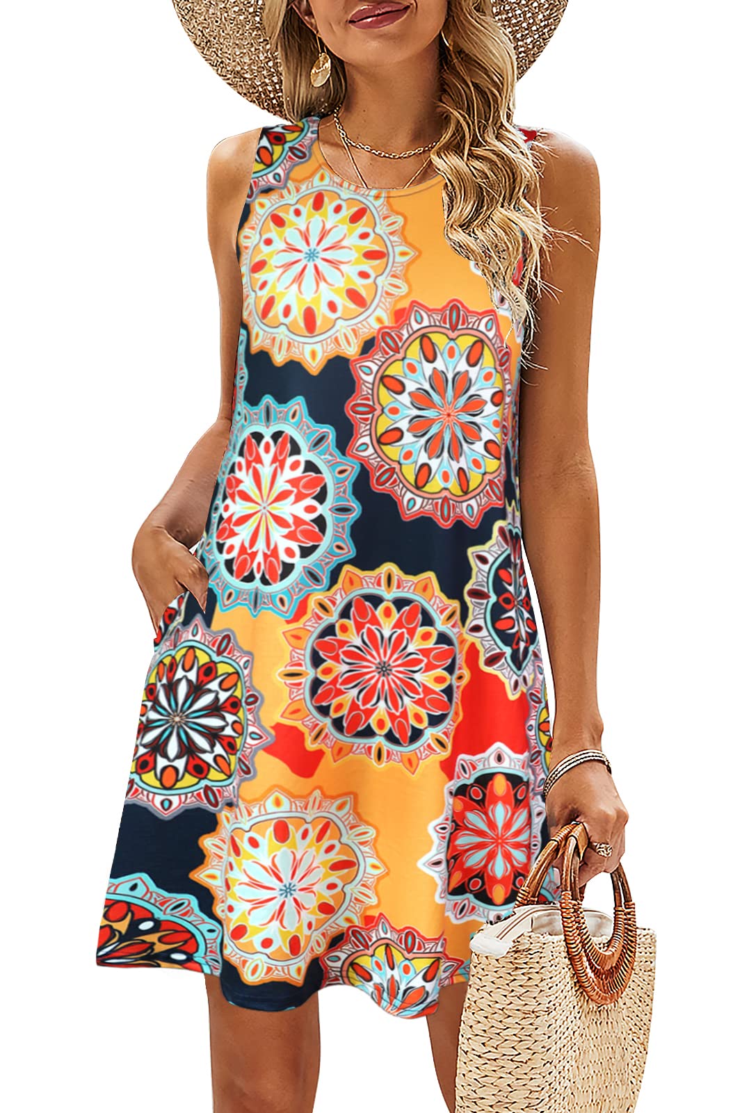 SimpleFun Women's Floral Summer Sundress - Casual Boho Beach Dress with Pockets, Lightweight T-Shirt Tank Dress for Vacation, Pool Party & Outdoor Activities