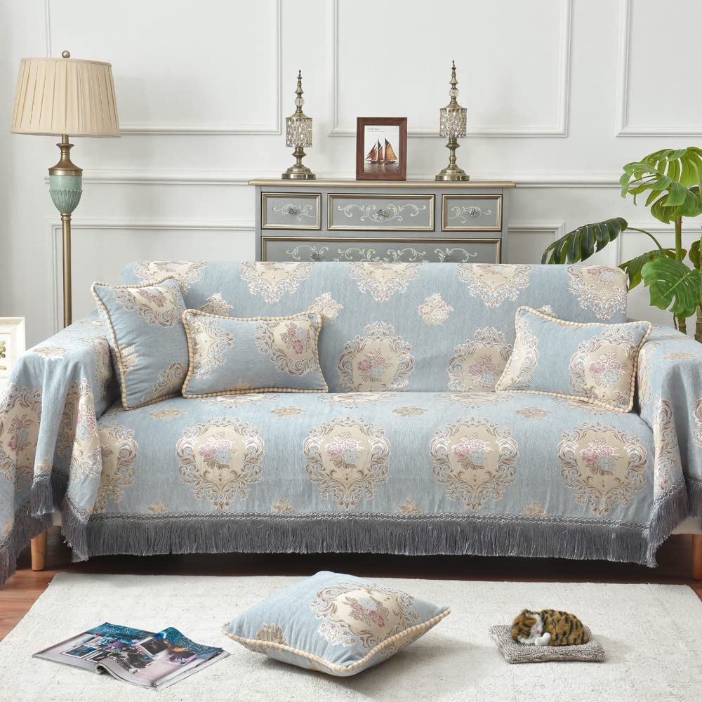 Textured Jacquard Sofa Cover with Floral Print & Tassels - Washable Couch Slipcover for Pets & Kids (71x118 Inches, Gray Blue) - Perfect for Living Room, Sectional Sofas, Loveseats & Pet-Friendly Furniture Protection