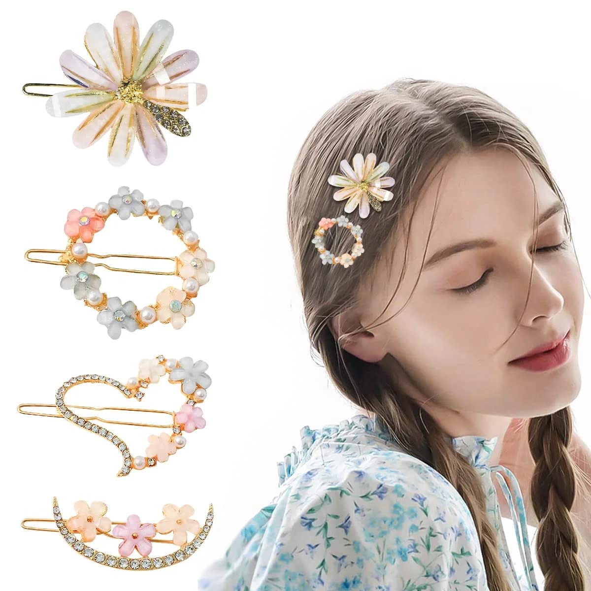 RedChimes 4 Pcs Korean Style Flower Hair Clips with Rhinestones - Elegant Hair Pins for Women & Girls - Perfect for Weddings, Parties & Daily Styling
