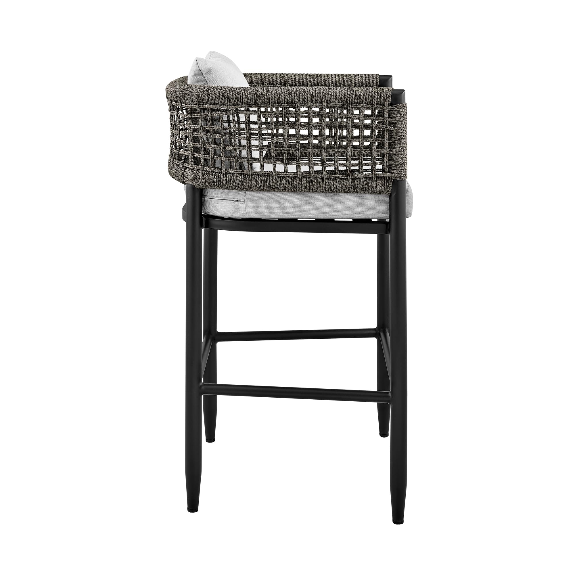 Armen Living Alegria Outdoor Patio Counter Height Bar Stool - Aluminum Frame with Grey Rope & Cushions - Perfect for Backyard, Deck, and Poolside Dining