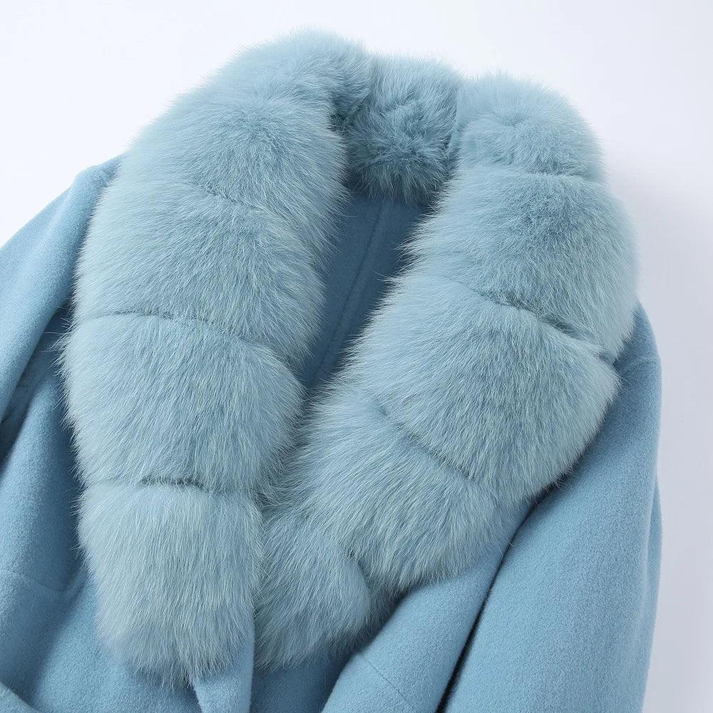 Luxury Women's Long Wool Coat with Detachable Fox Fur Collar - Winter Warm Elegant Trench Coat for Office, Party & Formal Occasions