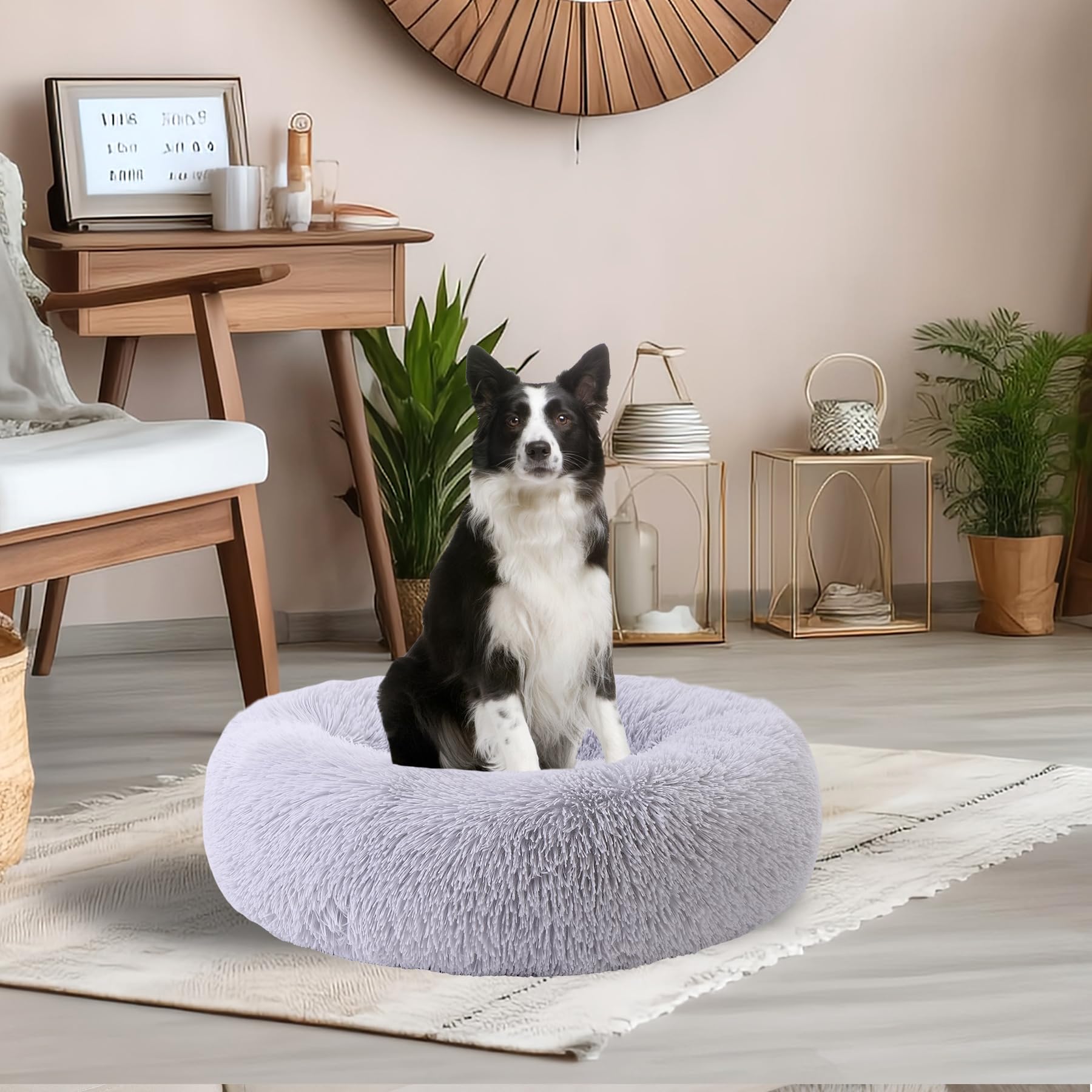 Calming Donut Dog Bed for Small to Medium Pets Up to 80 lbs - Anti-Anxiety Round Pet Bed with Fluffy Washable Cover & Non-Slip Bottom (36