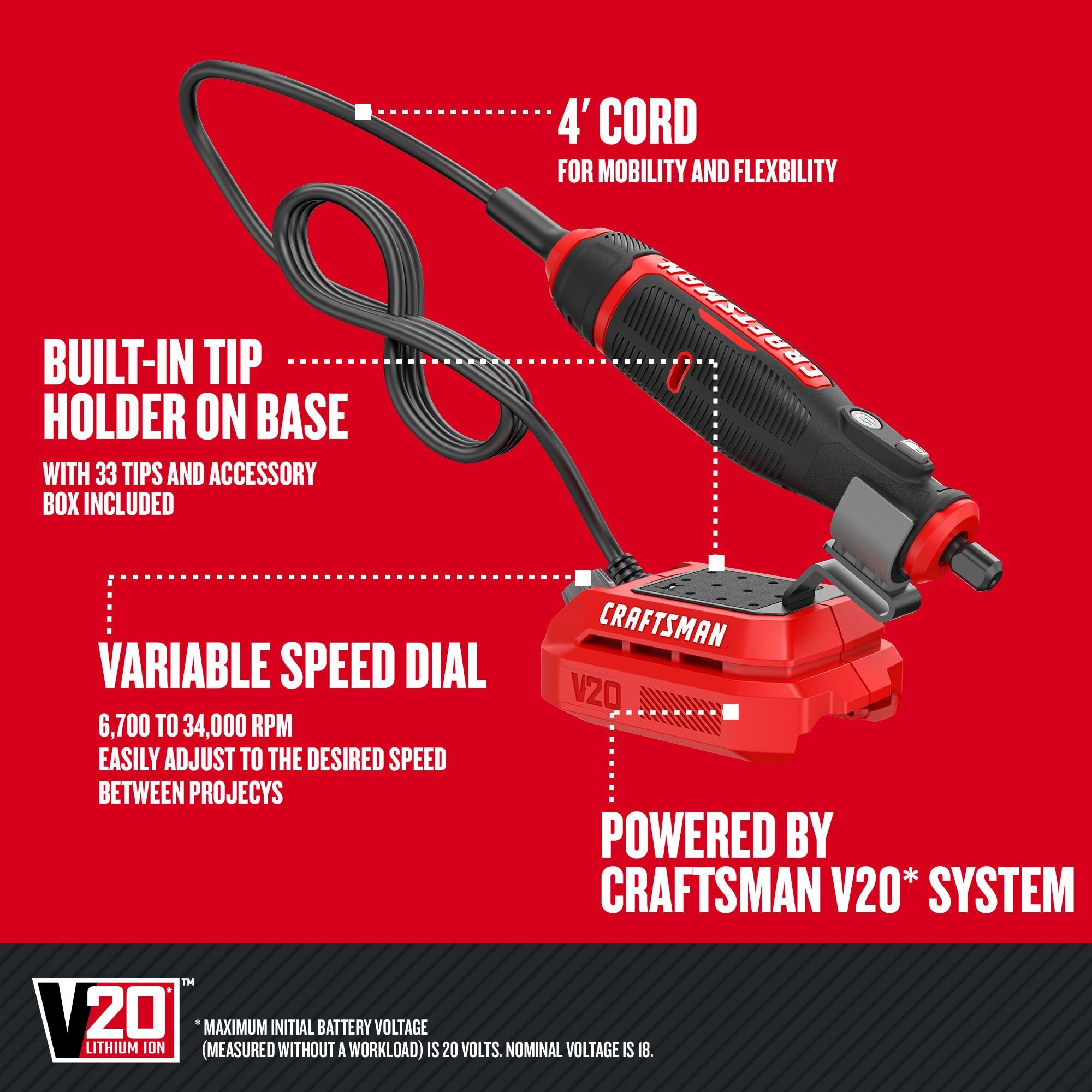 CRAFTSMAN V20 Cordless Rotary Tool Kit (CMCE030B) - High-Power DIY Tool for Woodworking, Metal Engraving & Home Repairs | Perfect for Crafting, Polishing & Cutting Projects