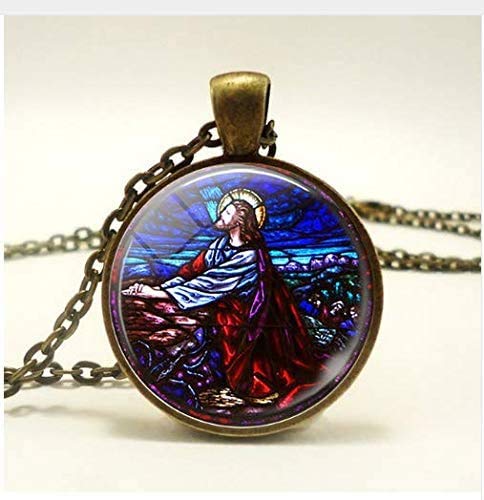 Jesus Christ Praying Stained Glass Art Pendant Necklace - Religious Christian Jewelry for Women & Men - Perfect for Baptism, Confirmation & Daily Faith Inspiration