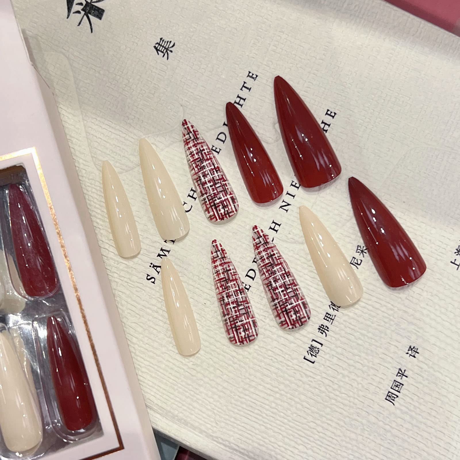 30PCS Solid Color Long Pointed Press on Nails - Glossy False Nails with 3D Embossing Plaid Designs for Women | Full Cover Stick on Fake Nails Kit (Milk White & Red) | Perfect for Parties, Weddings, Date Nights & Special Occasions