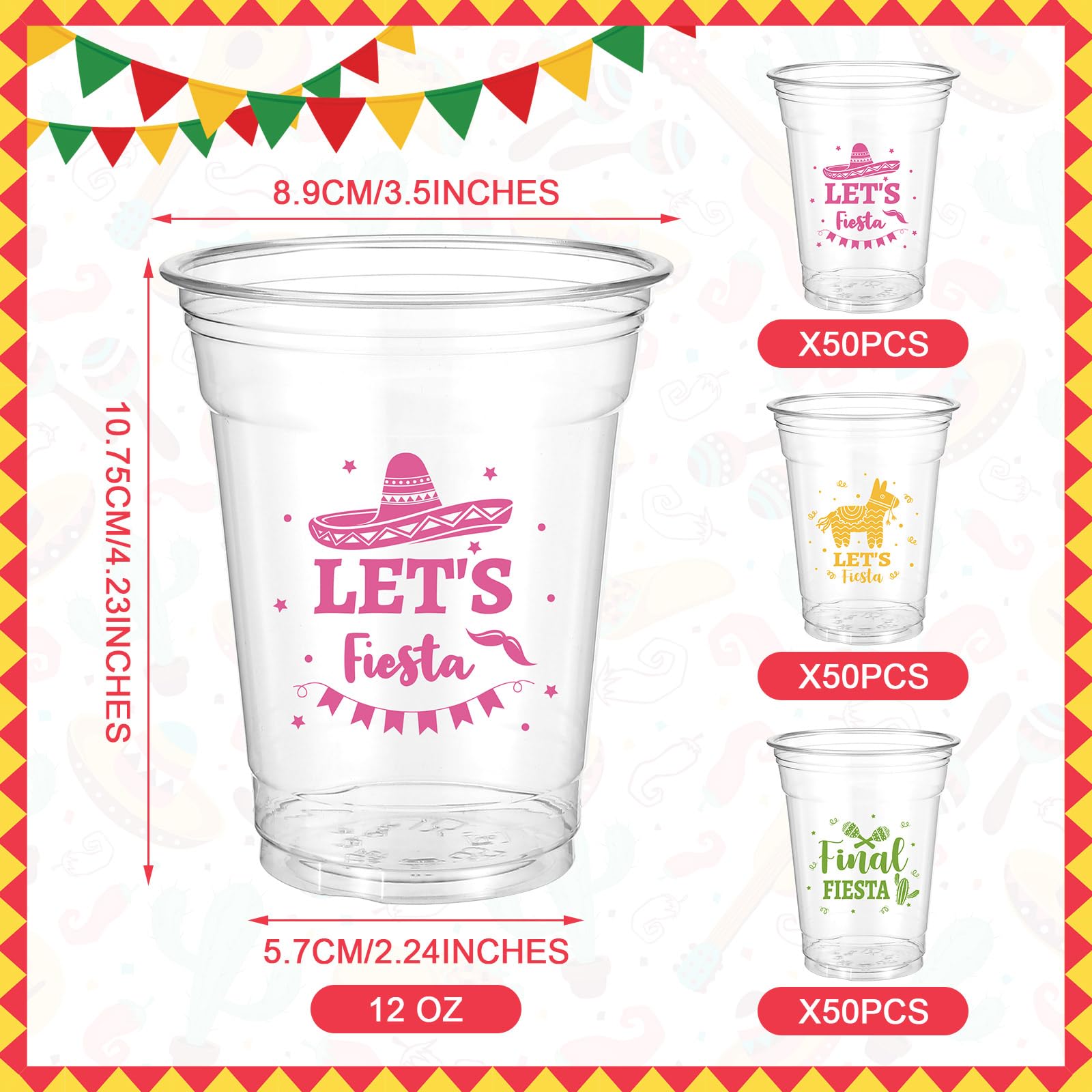 150 Pcs 12 oz Clear Plastic Disposable Fiesta Cups - Mexican Theme Party Supplies for Cinco de Mayo, Taco Tuesday & Summer Celebrations - 3 Stylish Designs (Bulk Pack)