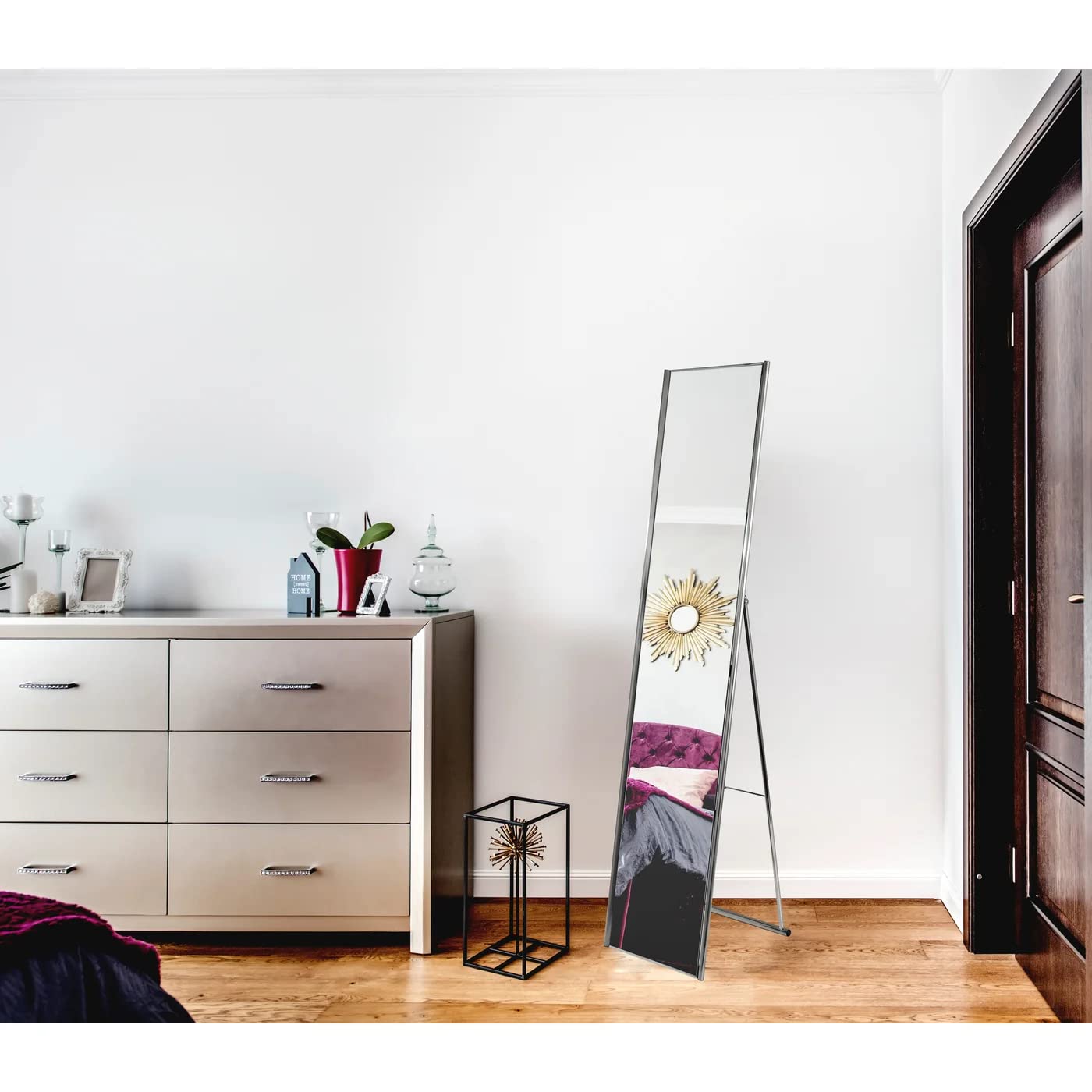 Adesso Alice Full Length Mirror - Modern Satin Steel Folding Frame Standing Mirror for Bedroom, Living Room & Dressing Room | Elegant Home Decor & Space-Saving Design