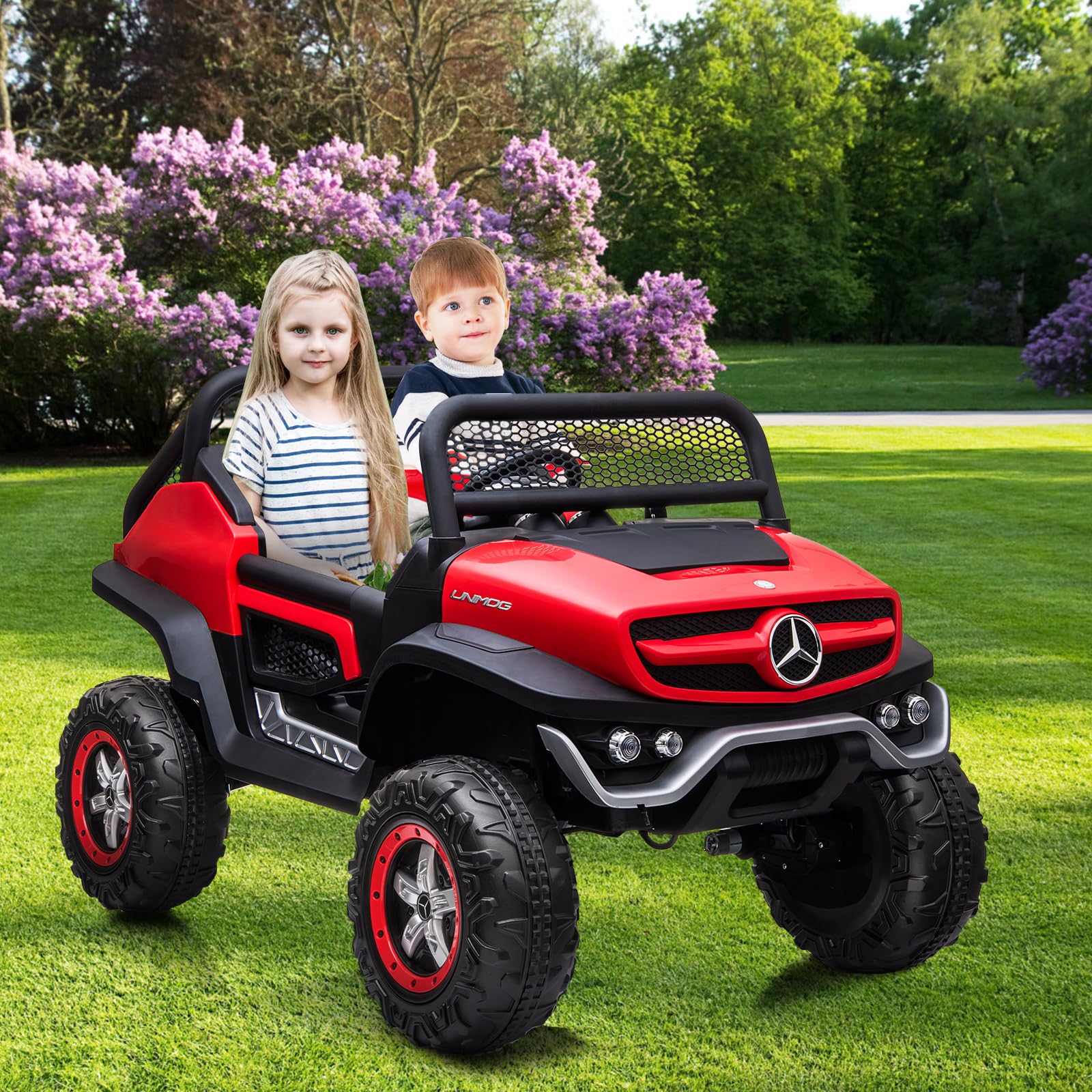 GARVEE 24V Kids Ride On Truck - 2 Seater Licensed Mercedes Benz Electric Toy Car with Remote Control, LED Lights & Music | Battery Display, Spring Suspension, Trunk | Perfect for Toddlers Outdoor Play & Birthday Gifts (Red)