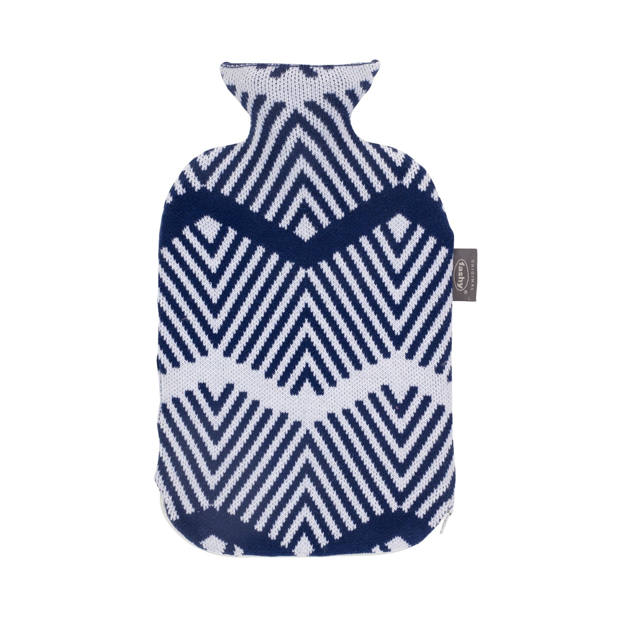 2 Liter Fashy Hot Water Bottle with Blue & White Chevron Knitted Cotton Cover - Warm & Cozy for Winter Nights, Period Pain Relief, Bed Warming