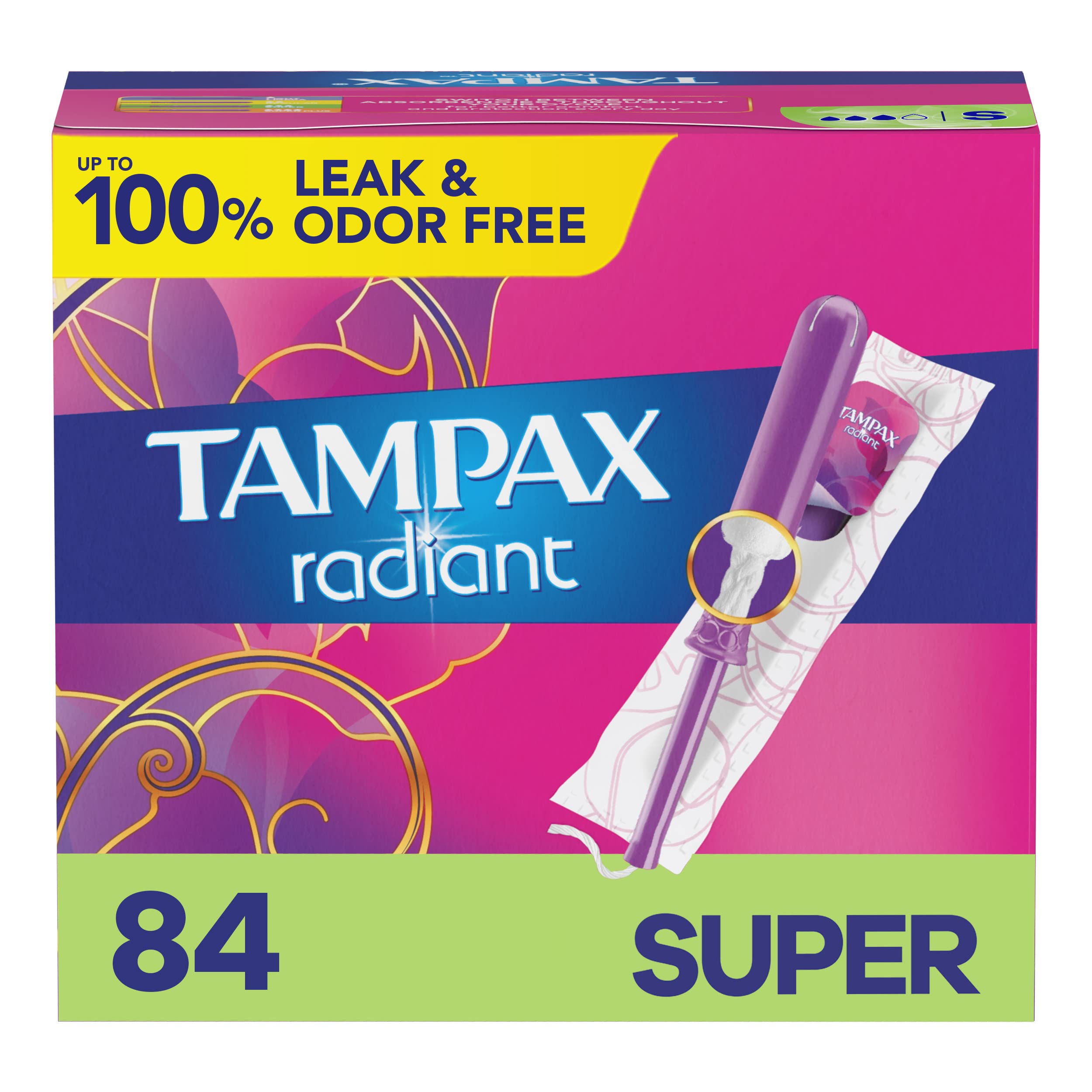 Tampax Radiant Tampons with LeakGuard Braid - Super Absorbency, Unscented, 28 Count x 3 Pack (84 Total) | Comfortable & Reliable Protection for Active Women | Perfect for Sports, Workouts & Daily Use
