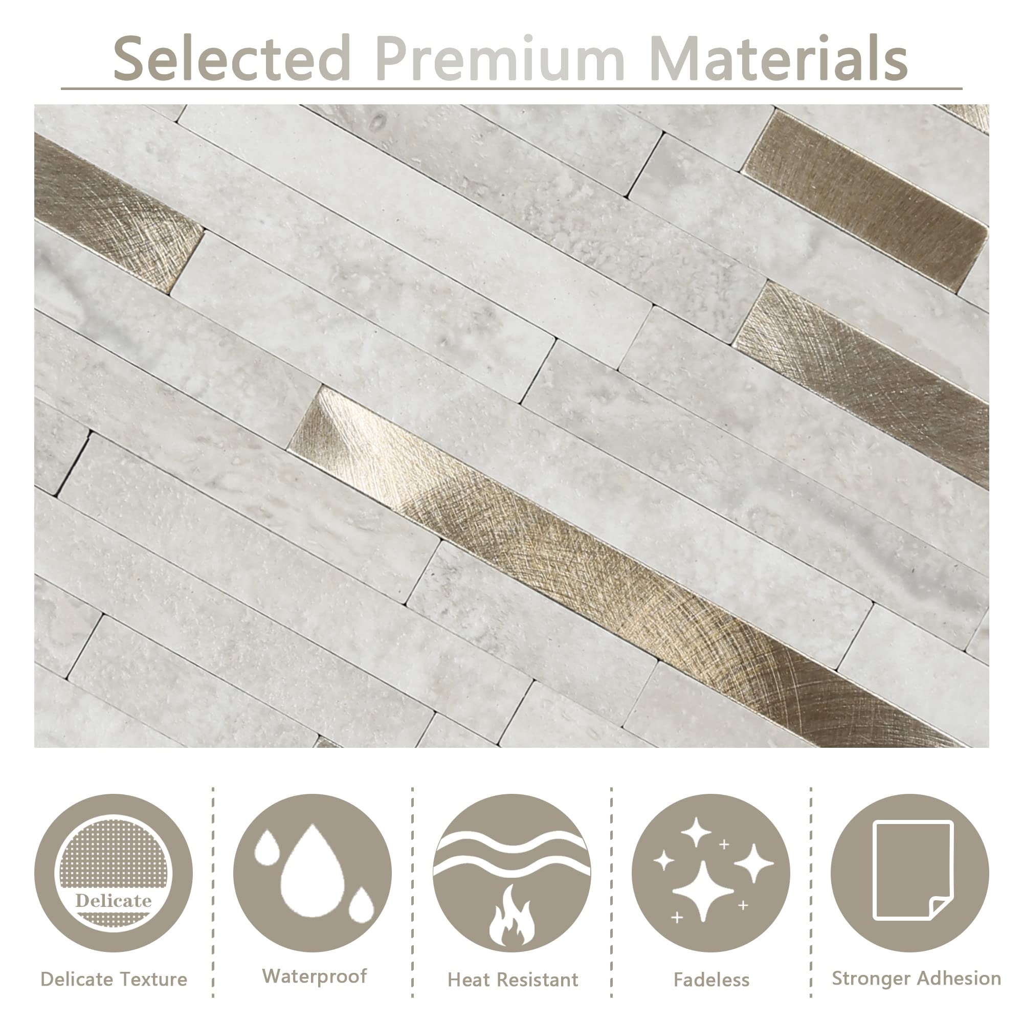 Self-Adhesive Peel and Stick Backsplash Tiles - Gold Beige Marble Subway Design for Kitchen, Bathroom, Laundry & Fireplace (10 Sheets) - Easy DIY Home Decor Upgrade for Walls & Countertops