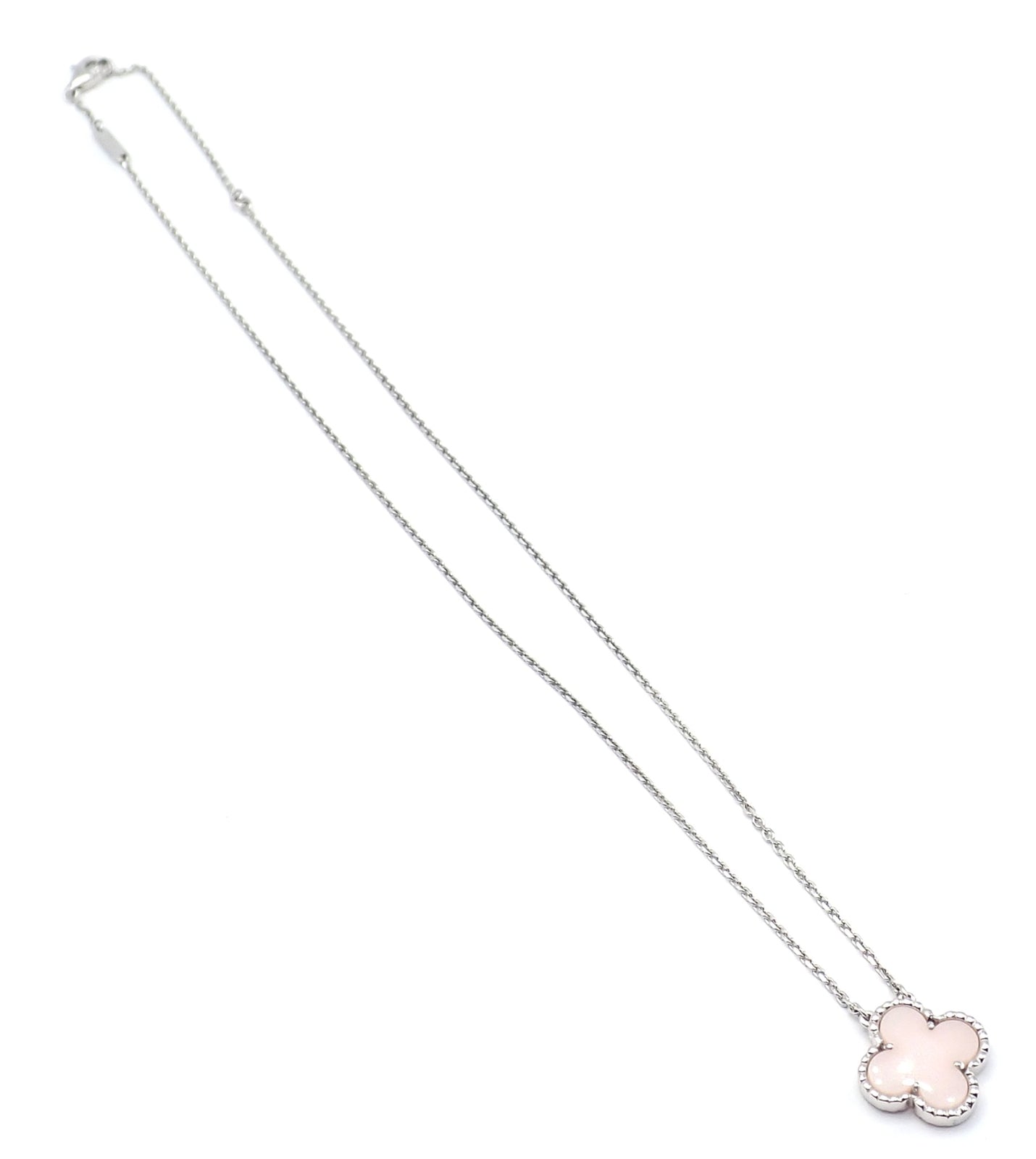 Authentic Van Cleef & Arpels Alhambra 18k White Gold Pink Opal Necklace with Certification - Luxury Jewelry Gift for Women, Perfect for Weddings & Special Occasions