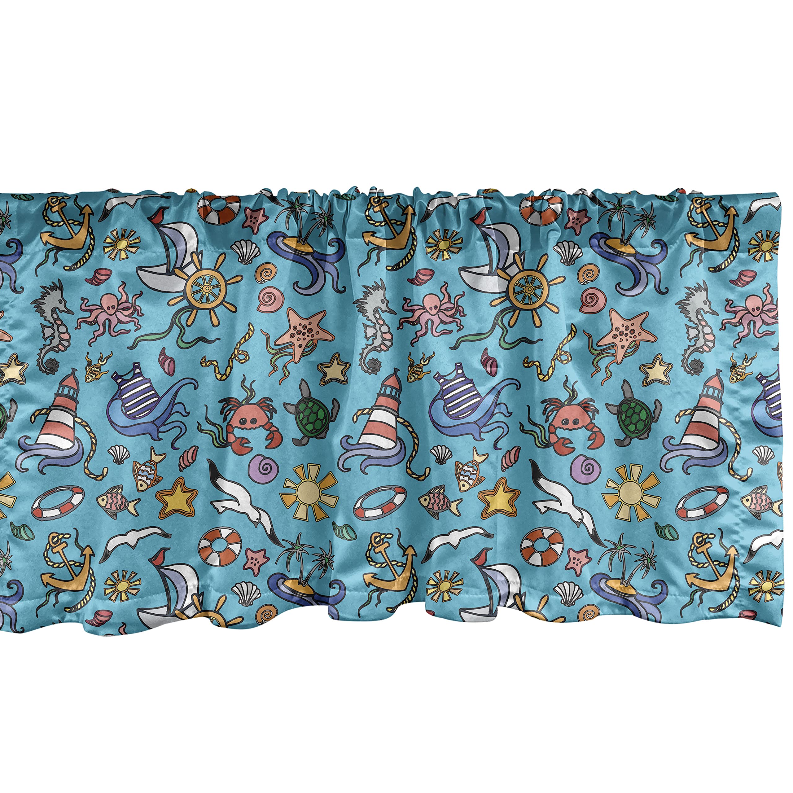Ambesonne Nautical Window Valance - Octopus, Starfish, Ship Wheel, Turtle, Coral & Jellyfish Design - 54