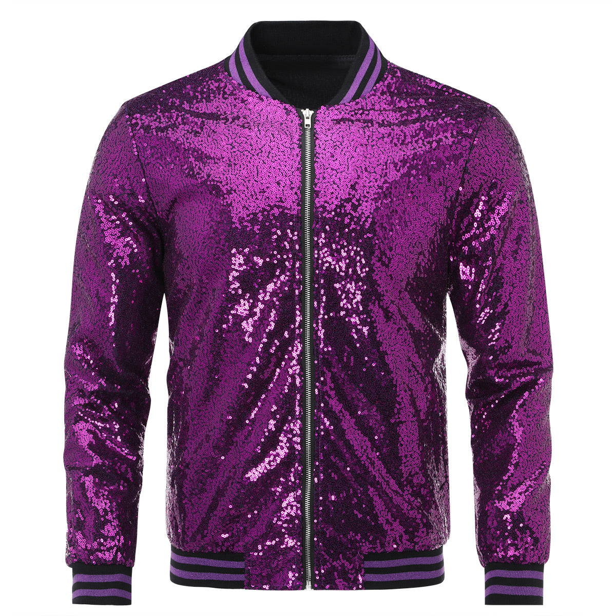 Sparkly Men's Purple Sequins Stand Collar Performance Jacket - Perfect for Stage Shows, Parties & Special Events