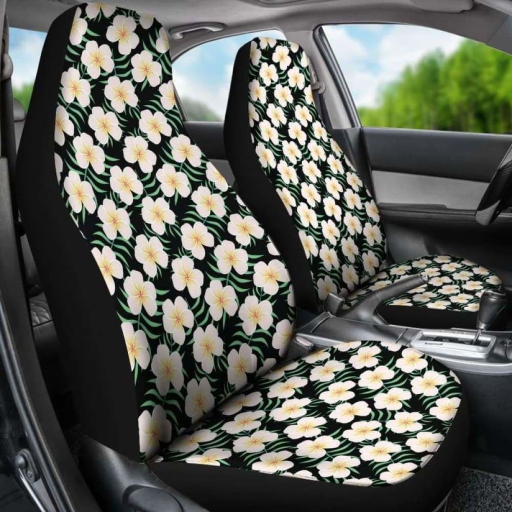 Premium Black Hawaiian Floral Car Seat Covers with Plumeria Frangipani Flower Pattern - Breathable & Non-Slip Design for Cars, SUVs, Trucks - Perfect for Beach Trips, Summer Drives & Tropical Vibes