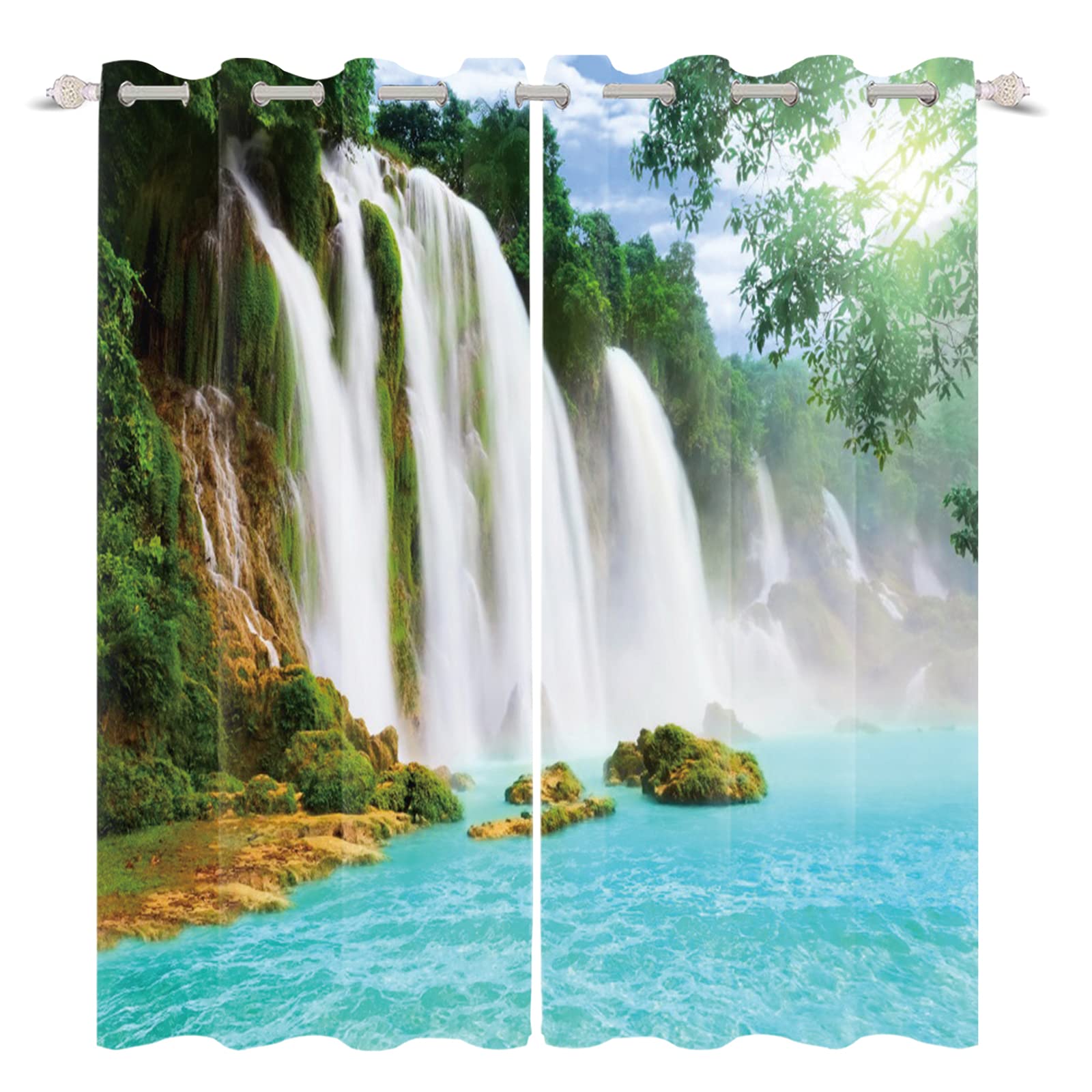 Blackout Window Curtains 53x96 Inch 2 Panels - Waterfall Lake & Tropical Rainforest Scenery for Living Room, Bedroom, Kitchen | Darkening, Relaxing Fairyland Design | Perfect for Light Control & Home Decor