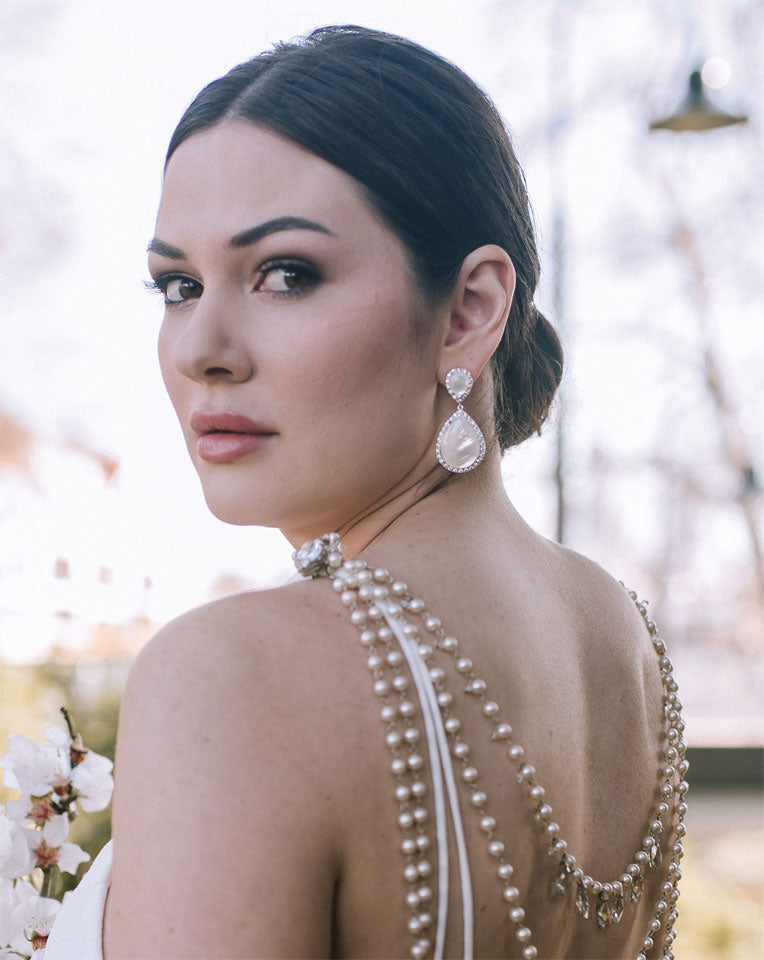 Elegant Bridal Earrings with Mother of Pearl Pear Drop - Perfect for Weddings & Special Occasions | Stephanie Browne Design
