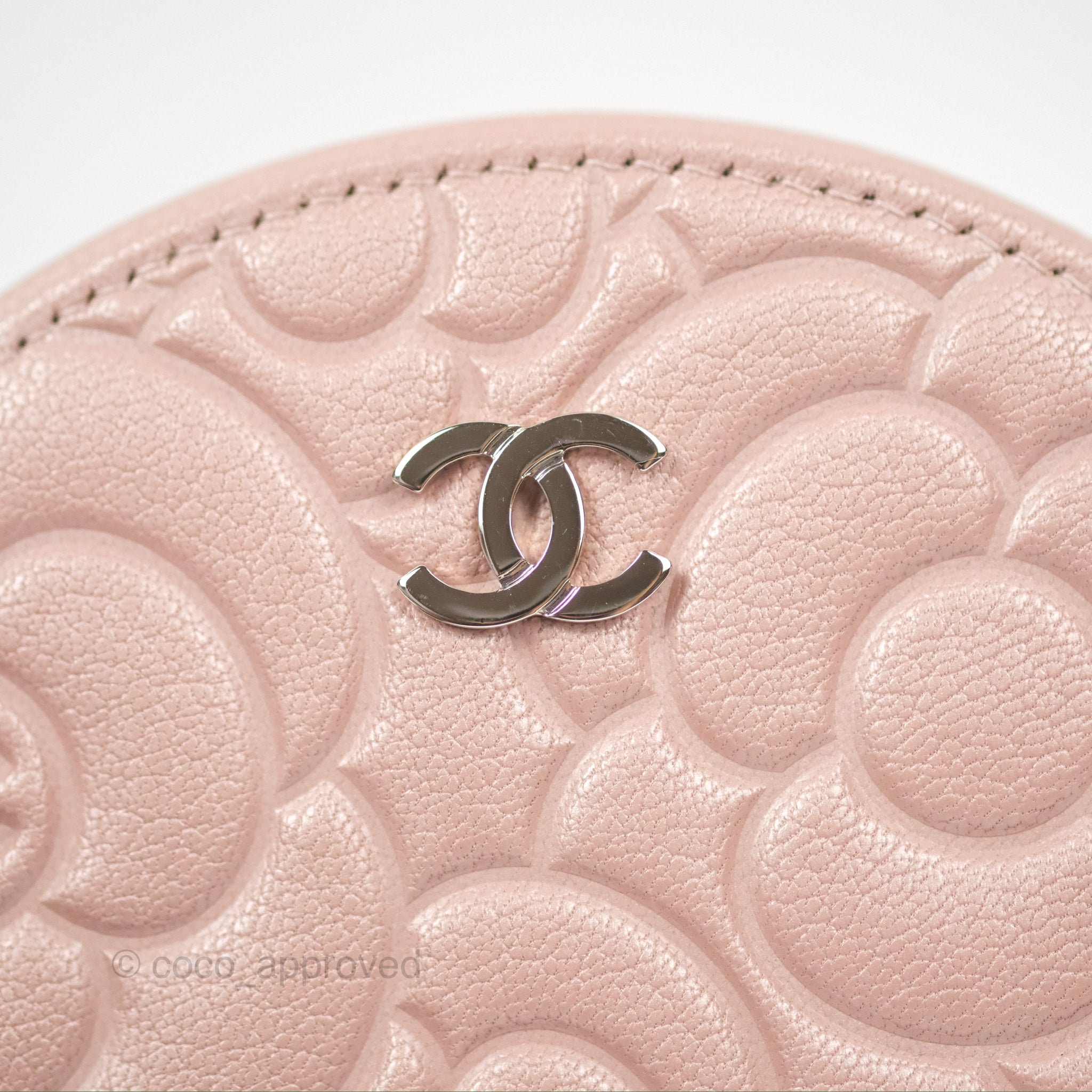 Chanel Camellia Embossed Round Clutch Bag with Chain - Iridescent Light Pink Goatskin Leather & Silver Hardware | Evening Party, Wedding, Special Occasion Accessory