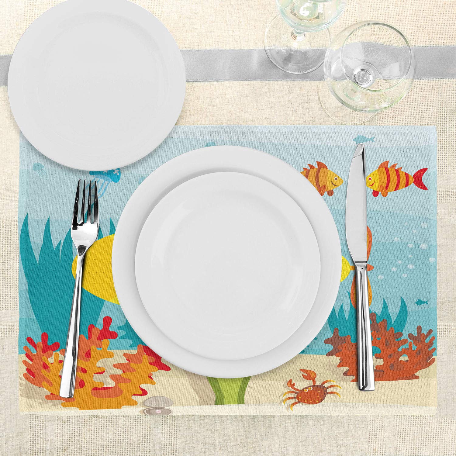 Ambesonne Yellow Submarine Place Mats Set of 4 - Waterproof Washable Fabric Dining Mats with Sea Life Theme (Submarine, Fish & Crab Illustration) for Kitchen Table Decor in Yellow & Pale Blue - Perfect for Beach Themed Parties & Nautical Home Decor