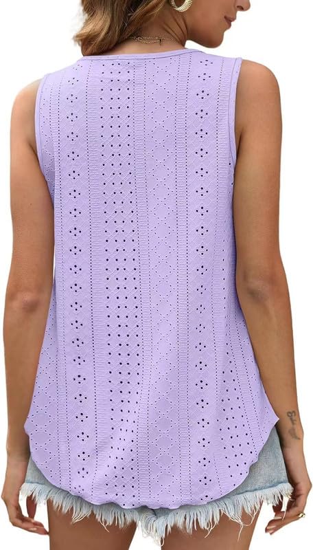 Women's Casual Loose Fit Sleeveless Scoop Neck Tank Tops with Eyelet Embroidery - Breathable Summer Basic T-Shirts for Beach, Yoga, and Everyday Wear