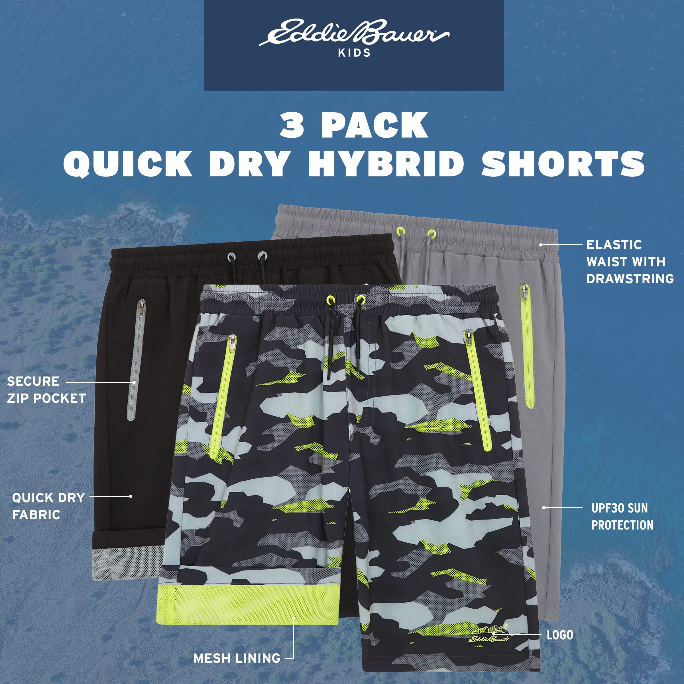 Eddie Bauer Boys' Quick Dry Athletic Shorts 3 Pack - Hybrid Mesh Performance Active Shorts for Kids Ages 4-16 - Perfect for Running, Sports & Outdoor Play