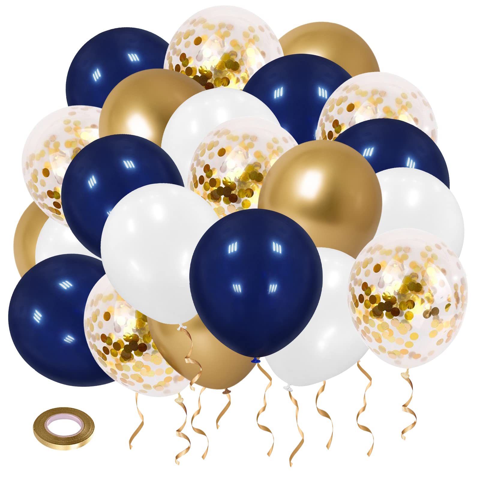 Navy Blue & Gold Confetti Balloons - 12 Inch Metallic Gold & Pearlized White Latex Balloons (50 Pack) for Birthday Party, Wedding, Baby Shower, Bridal Shower Decorations - Perfect for Indoor & Outdoor Celebrations