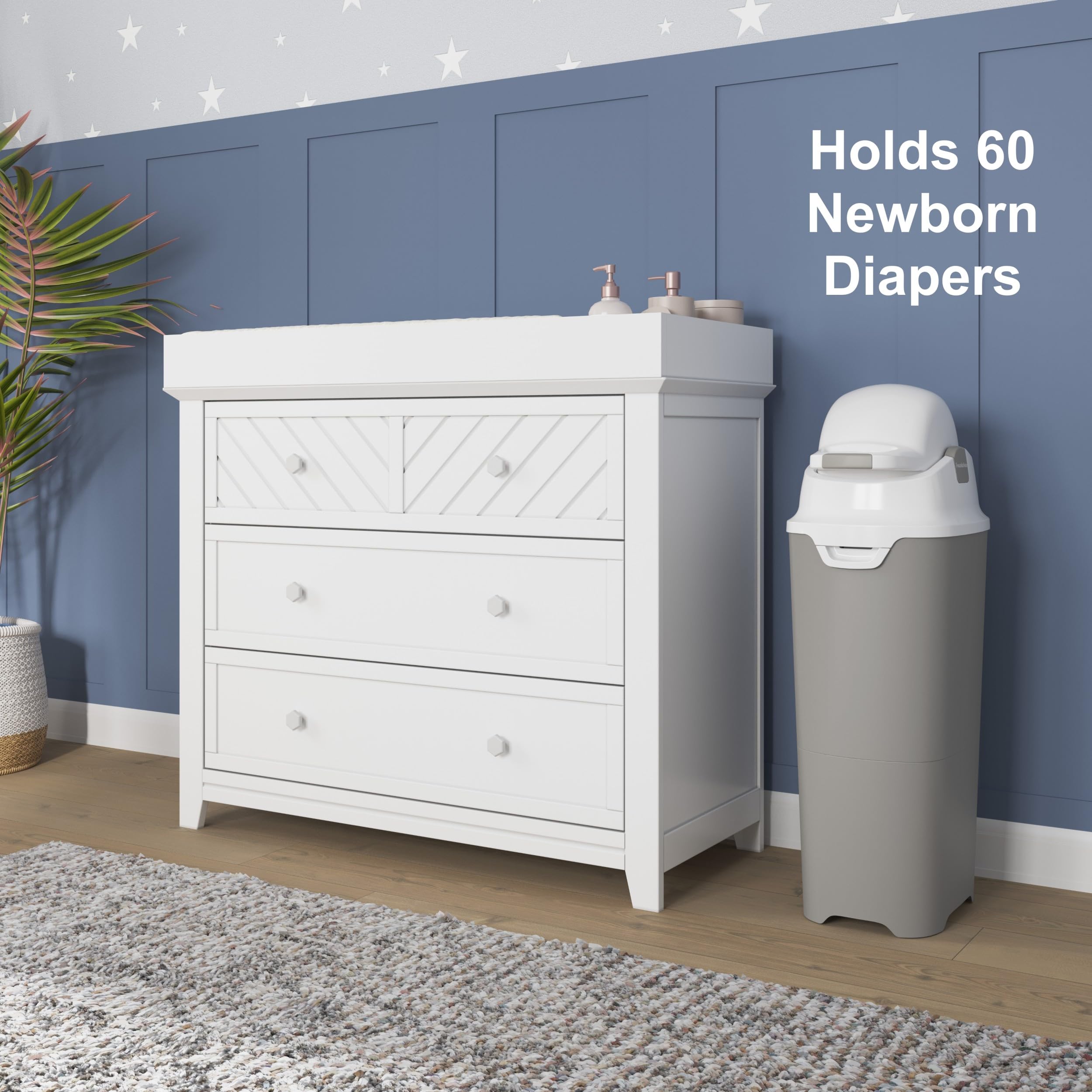 Foundations Tall Diaper Pail with Airtight Lid - Large Capacity Odorless Diaper Disposal System Holds 60+ Newborn Diapers, Durable & Refillable with Any Bags (Gray) - Perfect for Nursery, Baby Room & Diaper Changing Stations