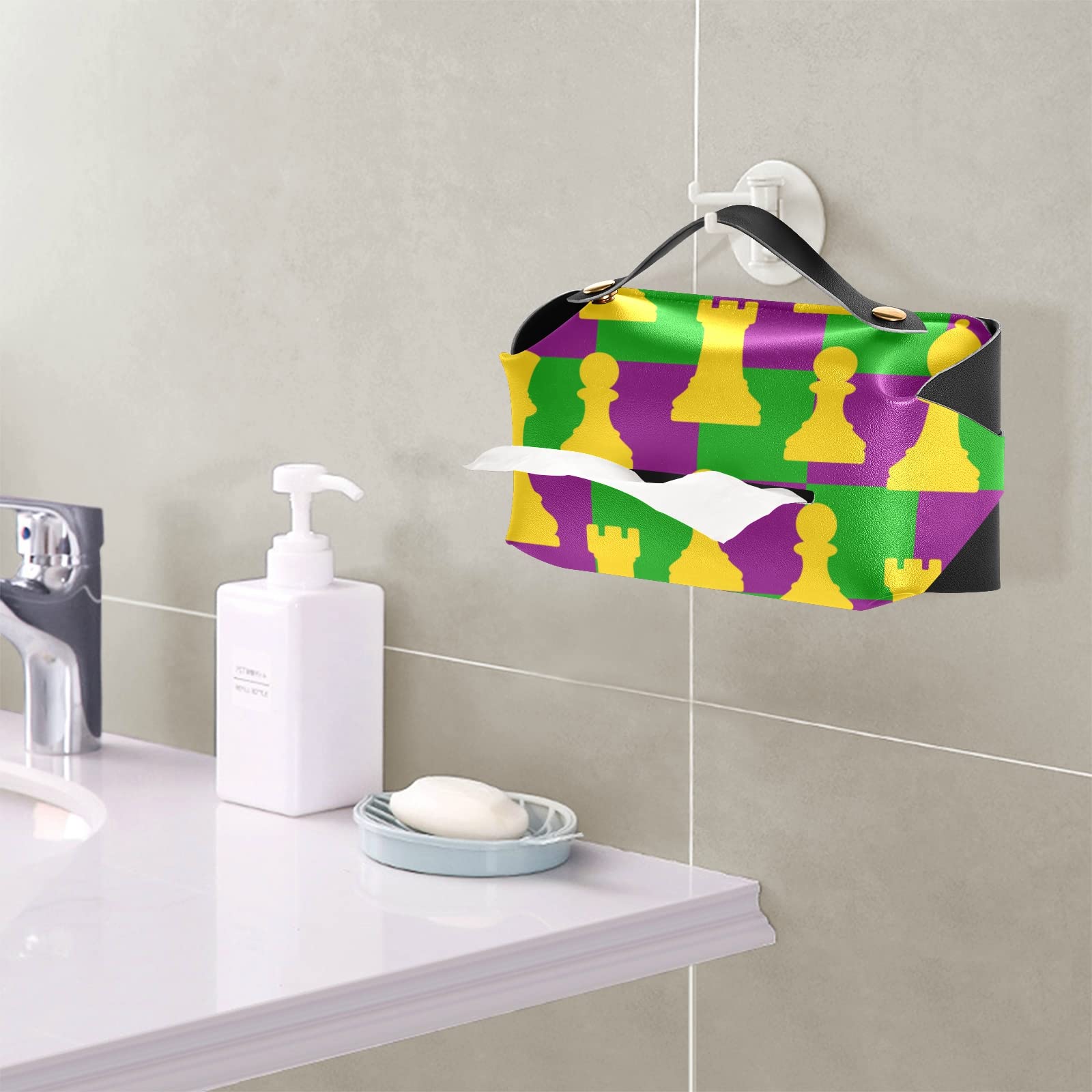 PU Leather Mardi Gras Chess Tissue Box Cover with Handle - Decorative Square Tissue Box Holder for Office, Bedroom, Bathroom | Perfect for Home Decor & Gift Giving