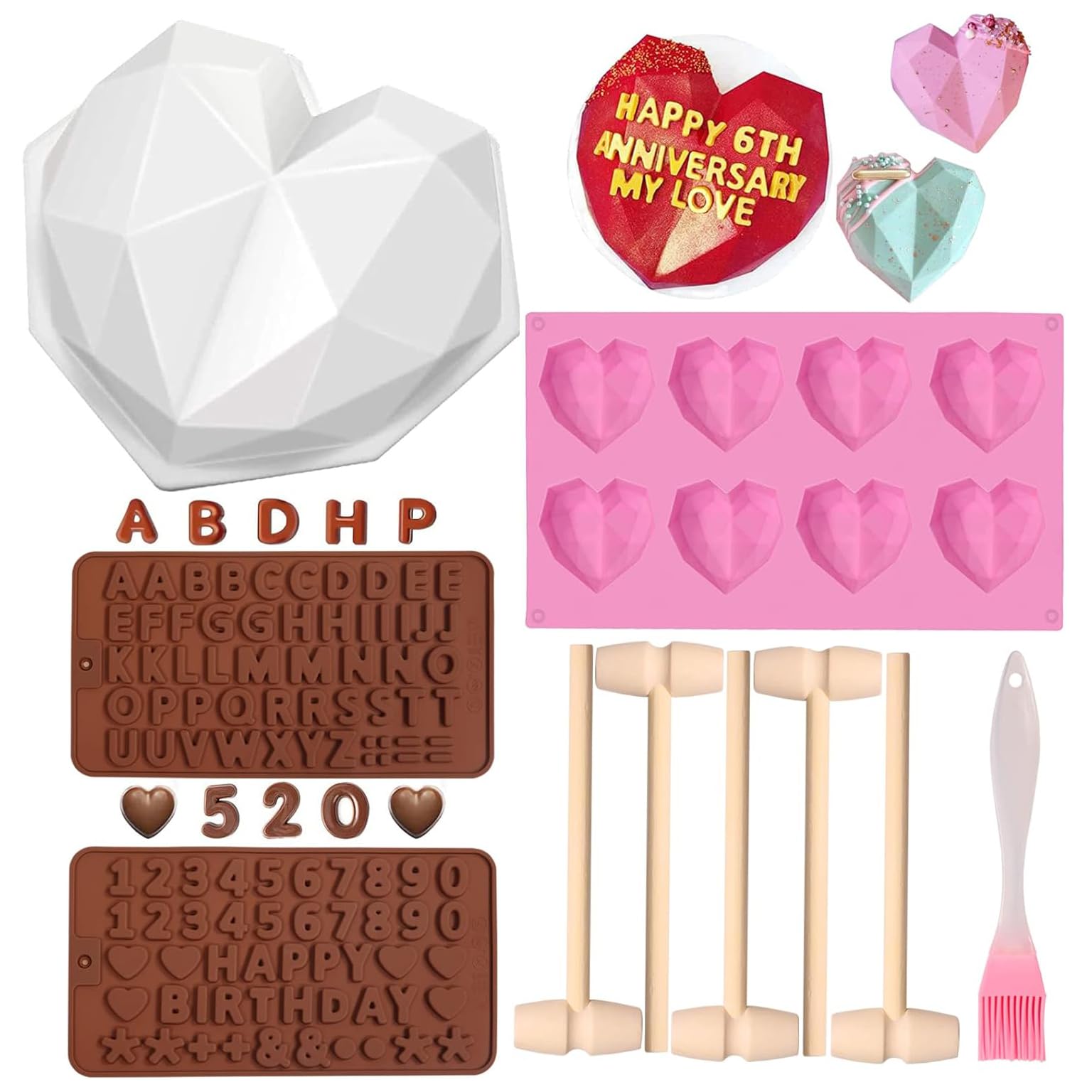 Valentine's Day Heart Silicone Molds Set - Breakable Chocolate Heart Molds with Hammer, Brush & Number Letter Shapes for Baking - DIY Candy Making Tools for Valentine's Gifts, Party Favors & Romantic Desserts