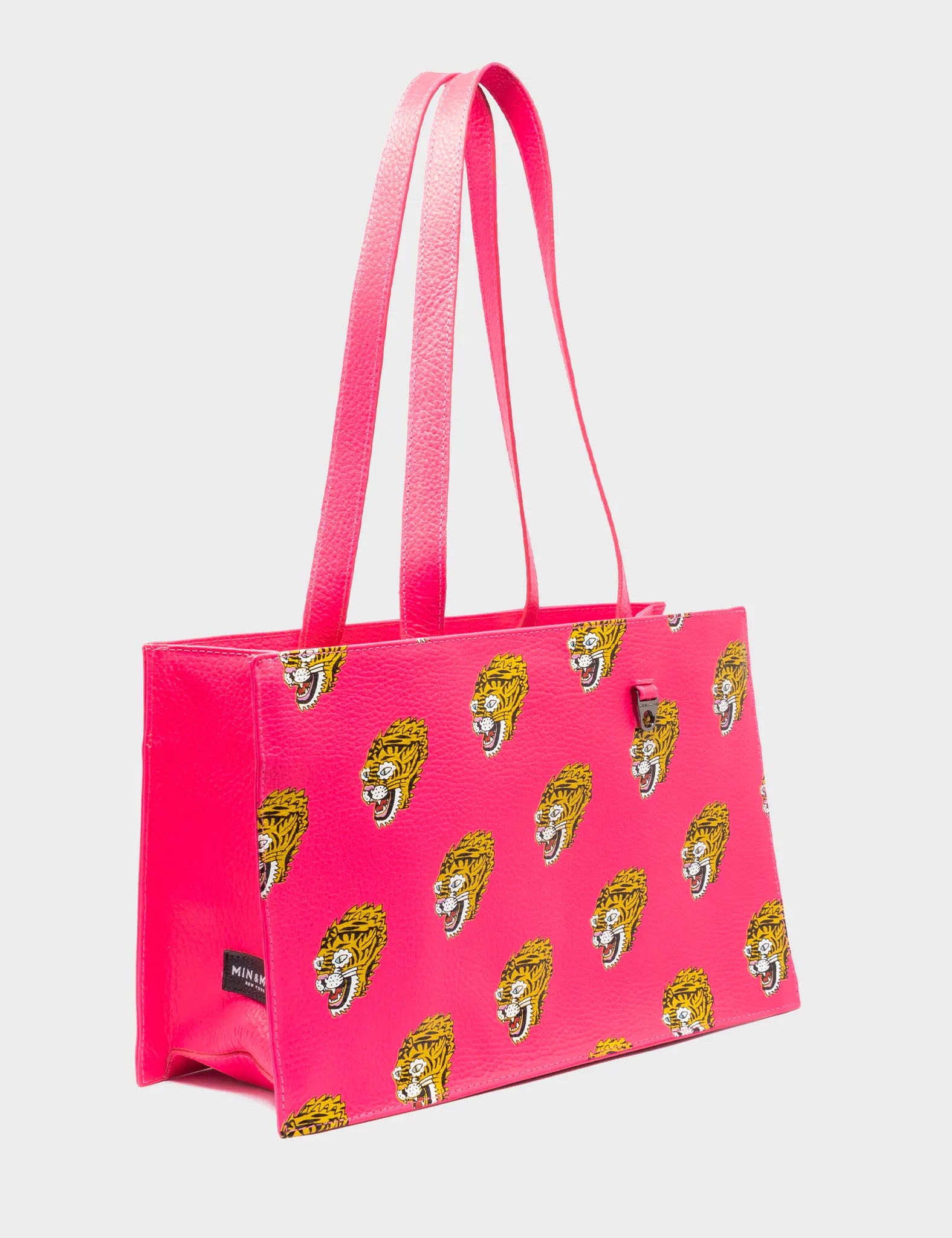 Marko Small Neon Pink Leather Tote Bag with Blazing Tiger Print - Stylish Women's Handbag for Work, Travel & Everyday Use
