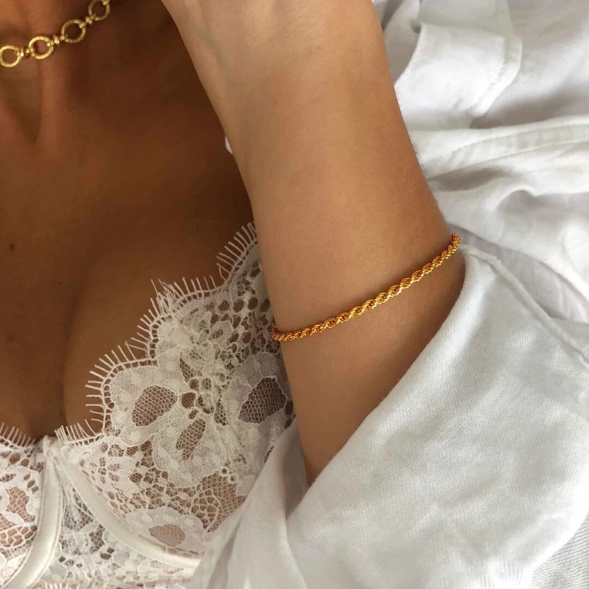 BRIJEWNES 925 Sterling Silver Clasp 2mm 2.5mm 3mm Gold & Silver Rope Chain Bracelet for Men and Women - Solid Diamond Cut Rope Chain Jewelry - Perfect for Gifts, Casual Wear, and Special Occasions