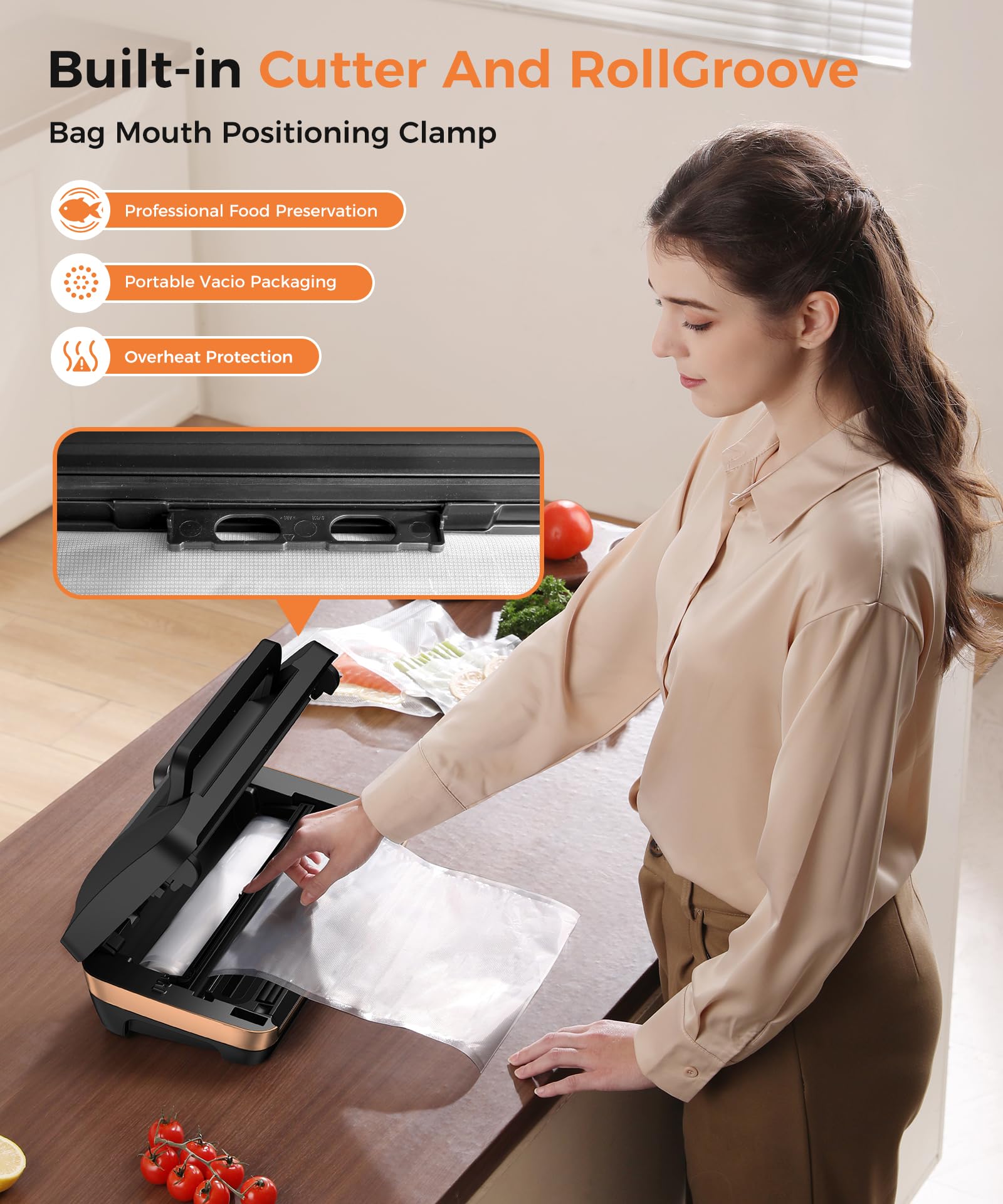 95kPa Commercial Vacuum Sealer Machine - Automatic Food Sealer with Double Heat Seal, Built-in Cutter & Easy-Lock Handle - Includes 1 Bag Roll & 10 Pre-cut Bags for Home Kitchen, Restaurant & Food Storage