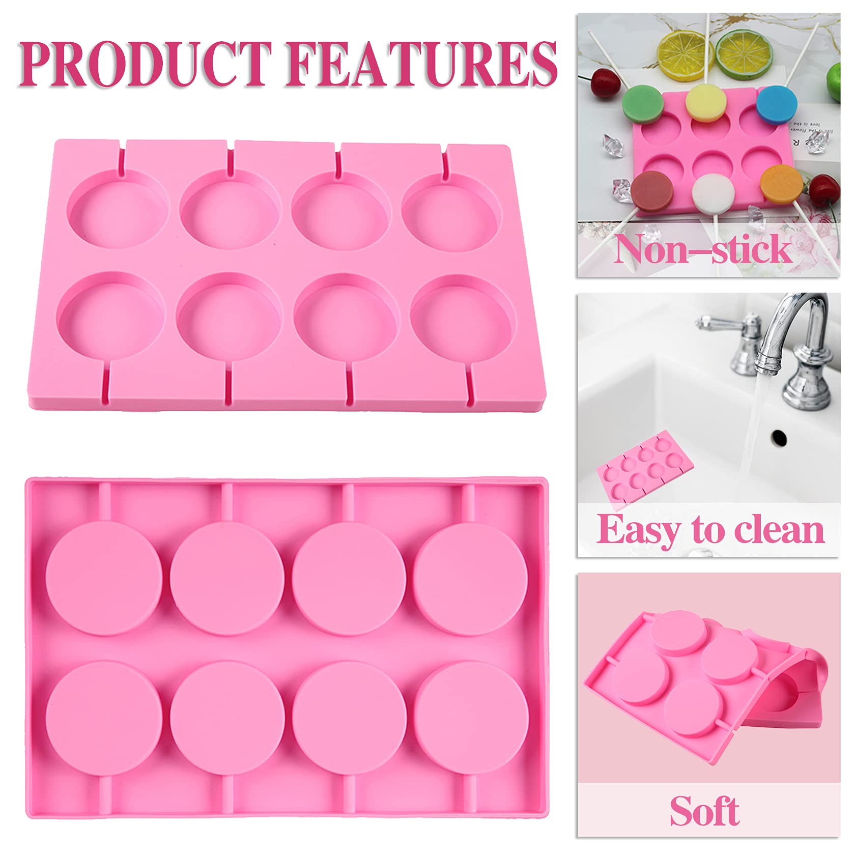 Nonstick Silicone Lollipop Molds Set - 8 Round Candy Molds with 20 Sticks for DIY Hard Candies, Jellies & Chocolates - Perfect for Birthday Parties, Baby Showers & Holiday Treats