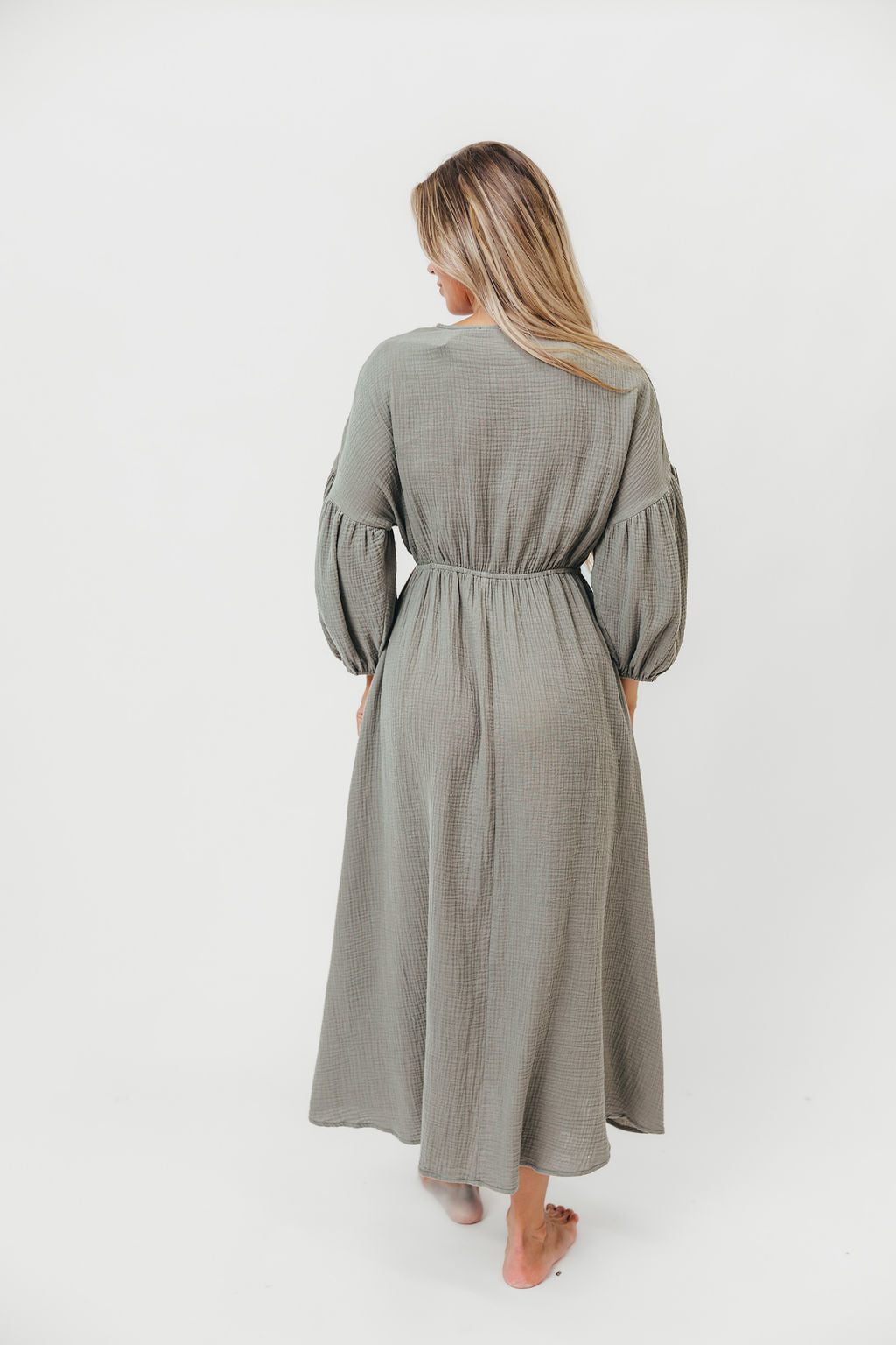 Hunter 100% Cotton Gauze Midi Dress in Dry Sage - Breathable Summer Dress for Women, Boho Chic Casual Outfit, Perfect for Beach Vacations & Outdoor Brunch