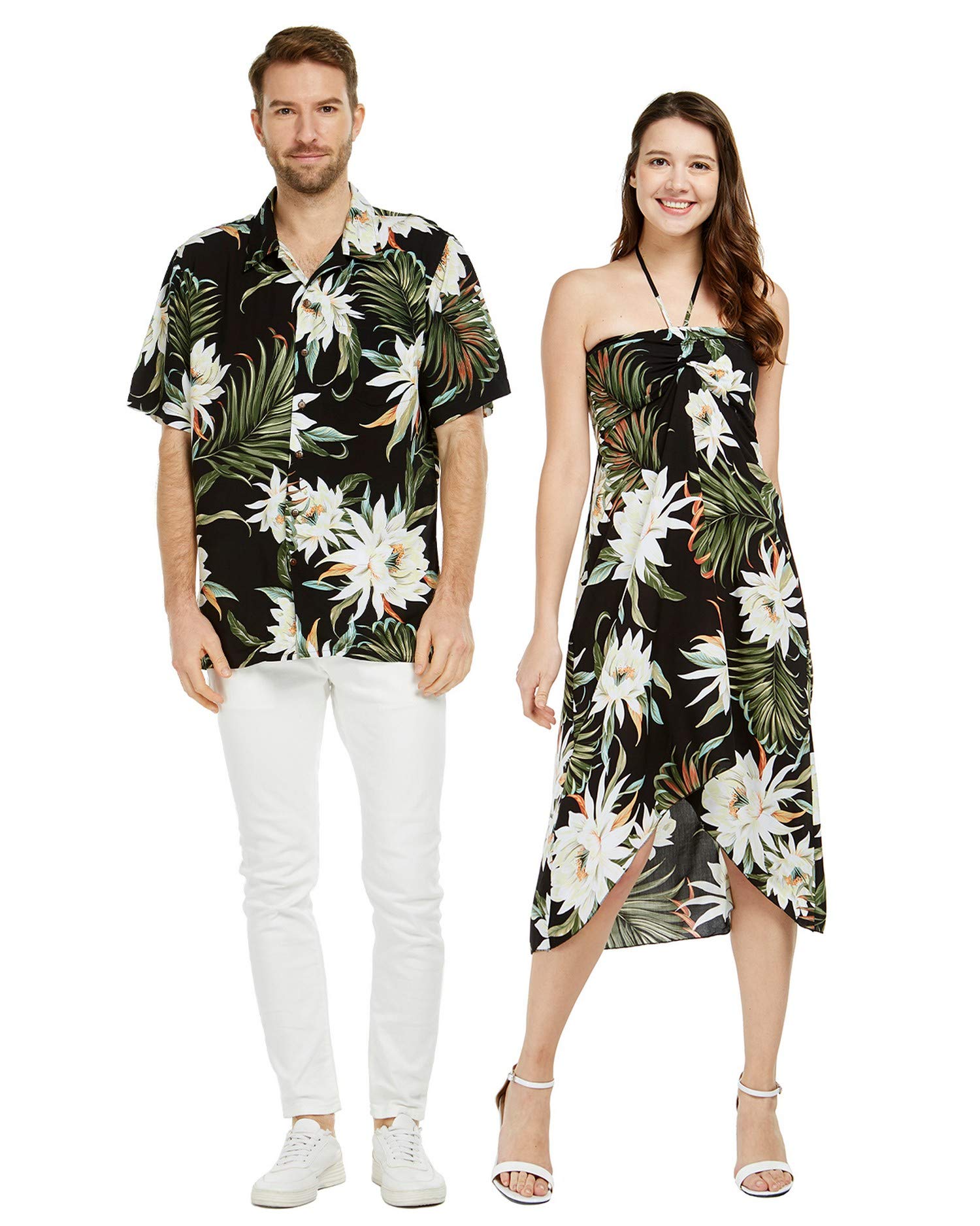 Matching Couple Hawaiian Luau Party Outfit Set - Cream Rafelsia Aloha Shirt & Dress for Beach Vacation, Summer Party, and Tropical Theme Events