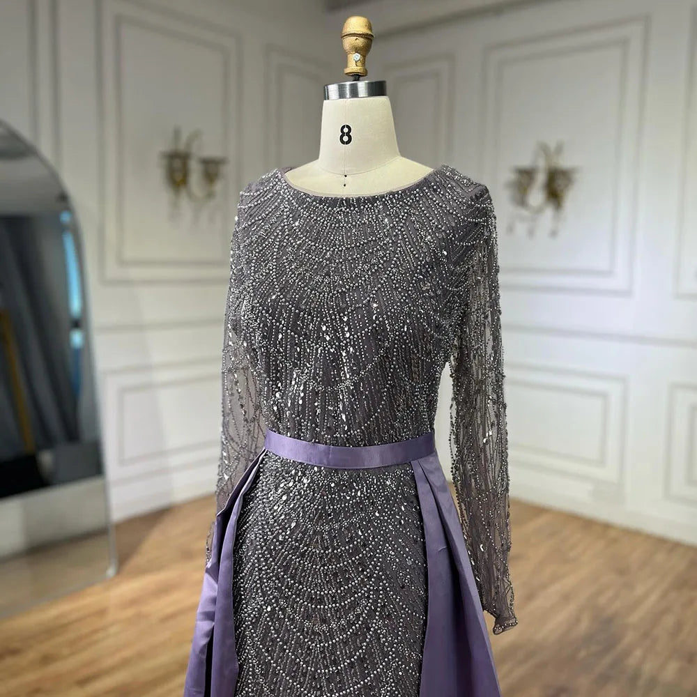 Serene Hill Muslim Purple Mermaid Beaded Pearls Evening Gown with Detachable Overskirt for Women | Elegant Wedding Dress & Party Gown 2025 LA72032E | Perfect for Bridal Showers, Formal Events & Special Occasions