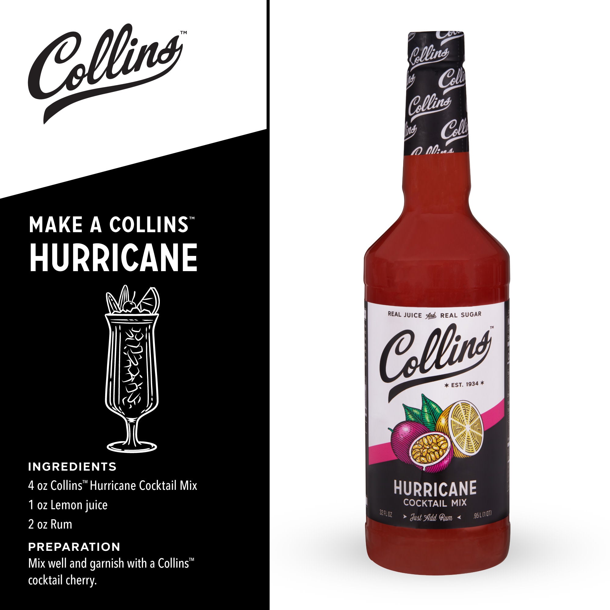 Hurricane Cocktail Mix 32 oz - Premium Tropical Drink Mix for Parties, Bars & Home Entertaining - Perfect for Mardi Gras, Summer BBQs & Beach Themed Events