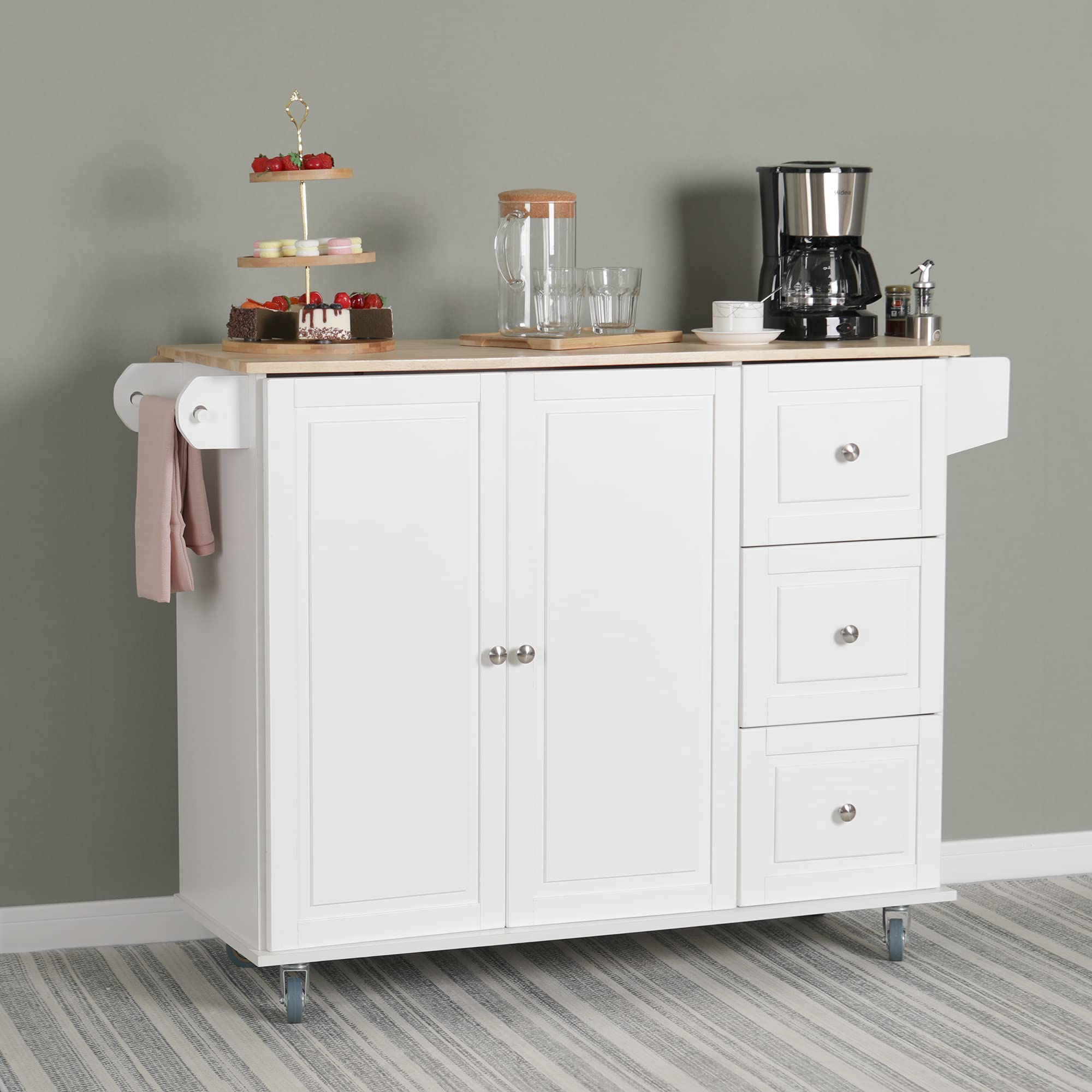 Portable Kitchen Island Cart on Wheels with Drop Leaf, Spice Rack, Towel Holder & Drawers - White | Rolling Kitchen Storage Cabinet for Small Spaces, Apartments & Mobile Cooking Stations