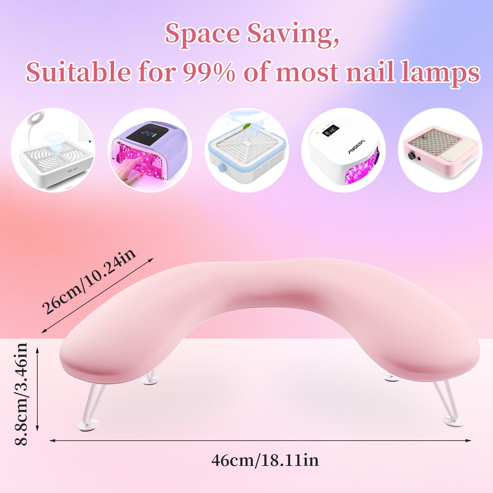 ANGNYA U-Shaped Nail Tech Arm Rest - Microfiber PU Leather Hand Rest Pillow with Detachable Brackets for Acrylic & Gel Nails - Perfect for Salon Professionals & Home Manicures (Pink)