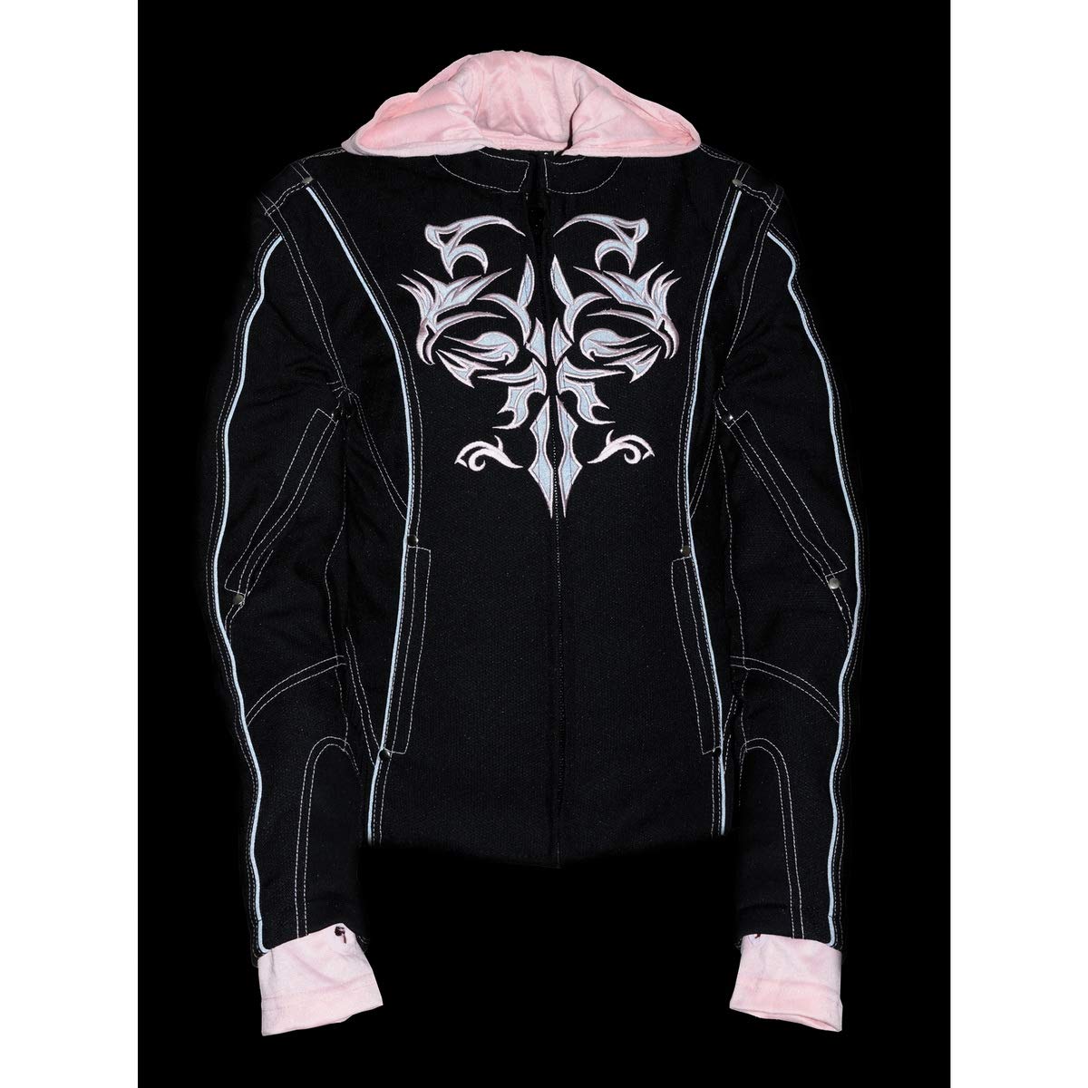 Milwaukee Leather NexGen SH1966 Women's Black & Pink 3/4 Length Motorcycle Jacket with Reflective Tribal Design & Detachable Hood - Perfect for Riding, Commuting & Outdoor Adventures