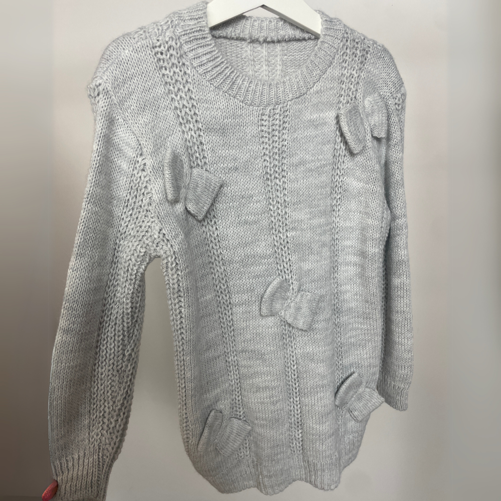 Coquette Bow Knitted Sweater - Grey Chunky Cable Knit Pullover for Women | Cozy Winter Fashion, Casual Outfit & Holiday Style