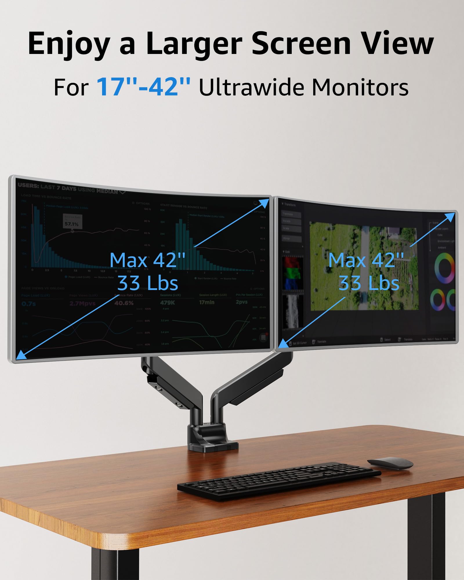MOUNTUP Dual Monitor Arm Stand for 17-42 Inch Ultrawide Screens - Heavy Duty Gas Spring Desk Mount with VESA 75x75/100x100 - Holds 6.6-33 lbs per Monitor - Clamp/Grommet Base - Perfect for Home Office, Gaming Setup & Workstation Ergonomics