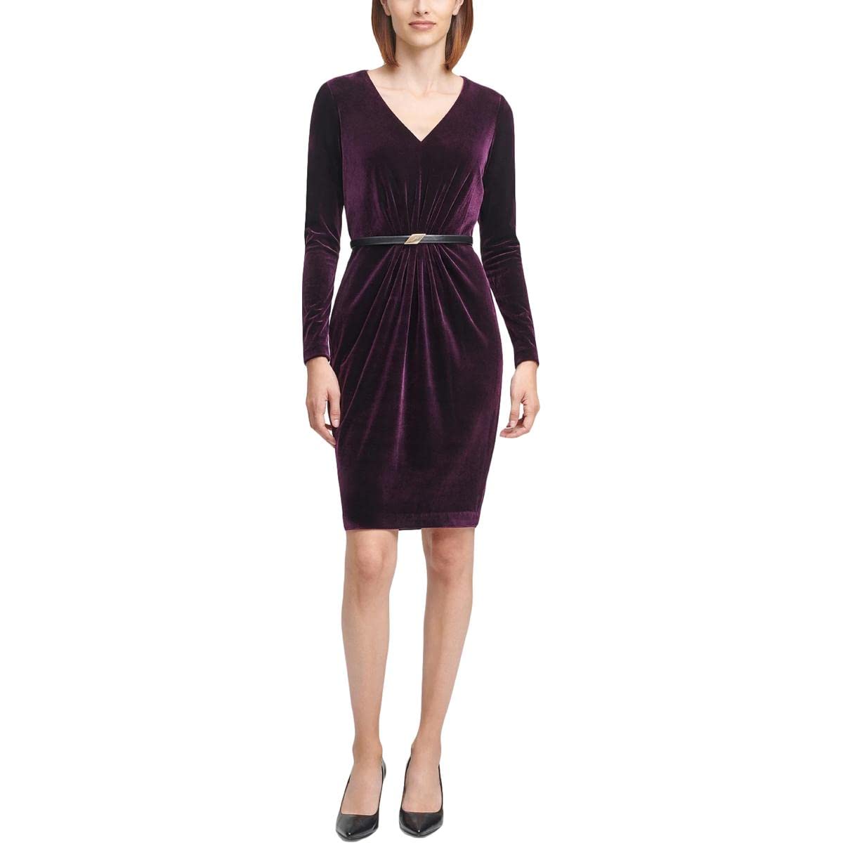 Calvin Klein Women's Long Sleeve Velvet Dress with Belt - Elegant Formal & Party Wear for Evening Events, Weddings & Holiday Gatherings