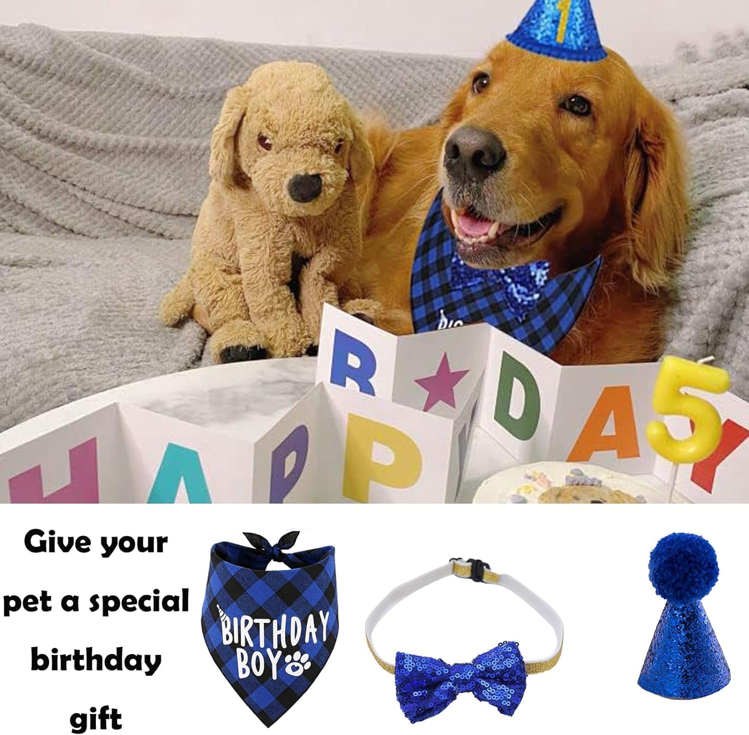 3pcs Dog Birthday Bandana, Bow Tie & Hat Set - Plaid Pet Party Outfit for Dogs & Cats - Reusable Birthday Party Supplies for Puppy & Kitten Celebrations (Perfect for Birthday Photos, Pet Costume Parties & Holiday Dress-Up)